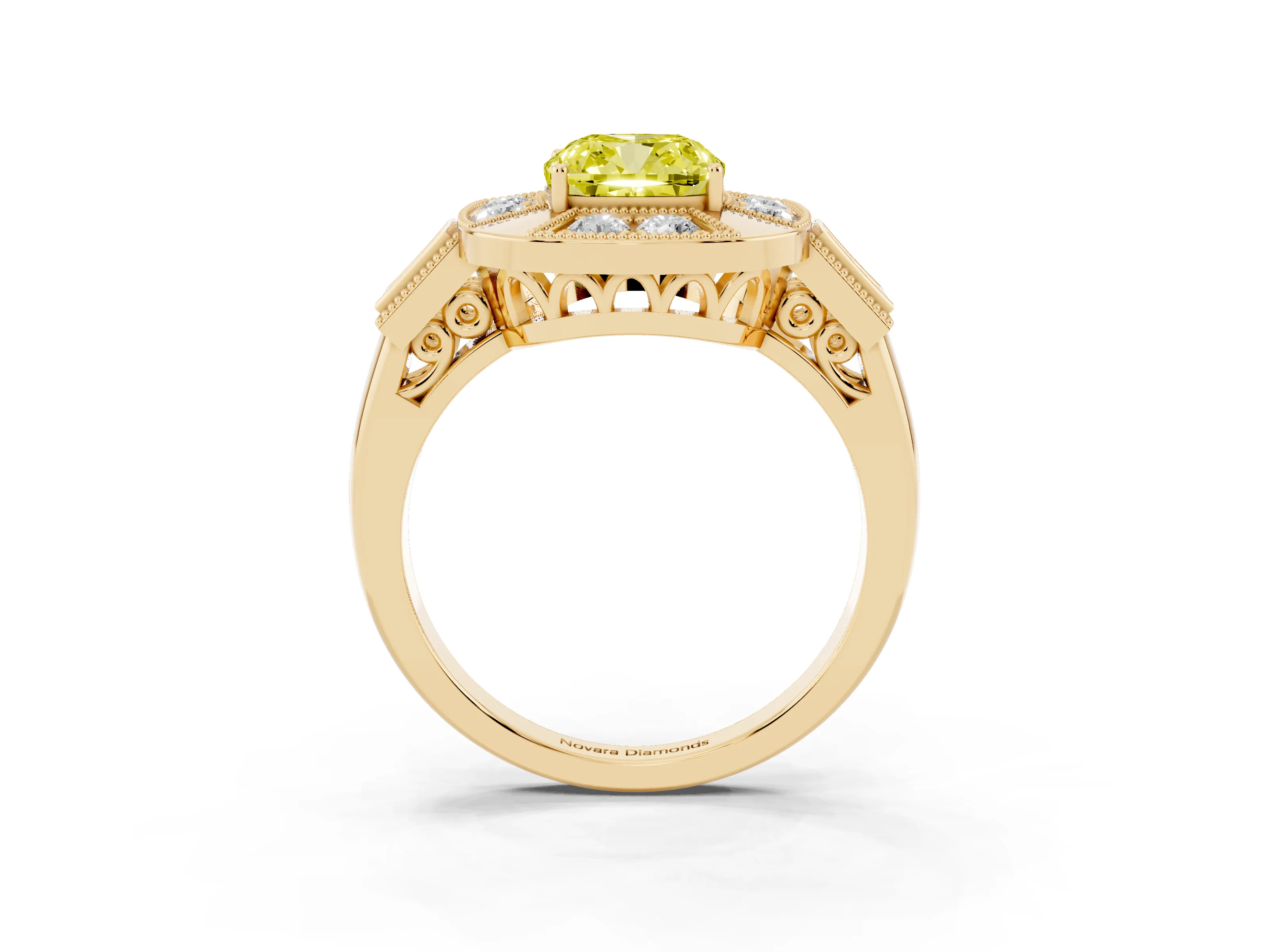 Fancy Yellow Cushion Cut Diamond Milgrain Halo Ring Set in Yellow gold with Split Shank