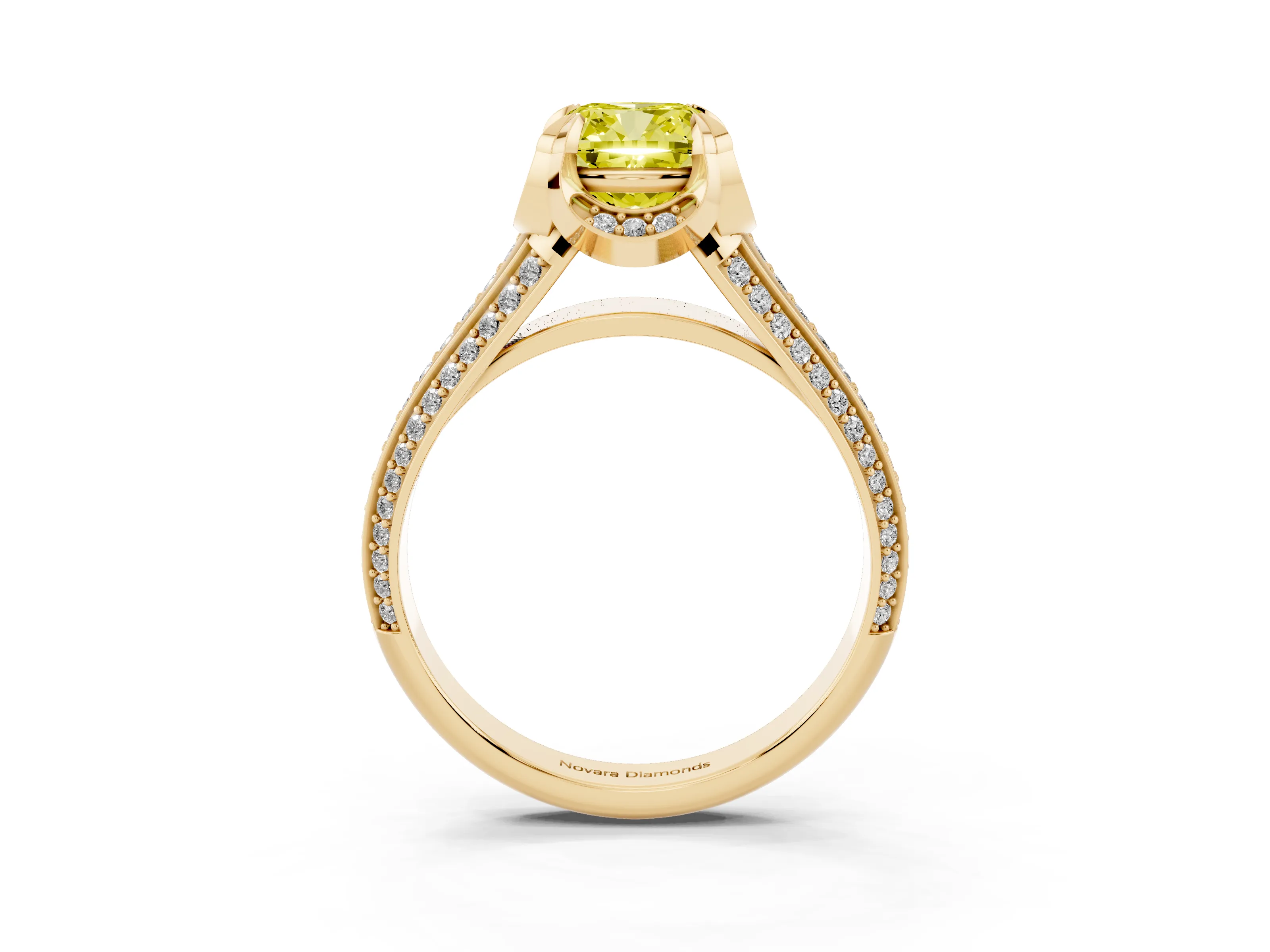 Fancy Yellow Cushion Cut Diamond Pavé Split Shank Solitaire Ring Set in Yellow gold with Prong Setting