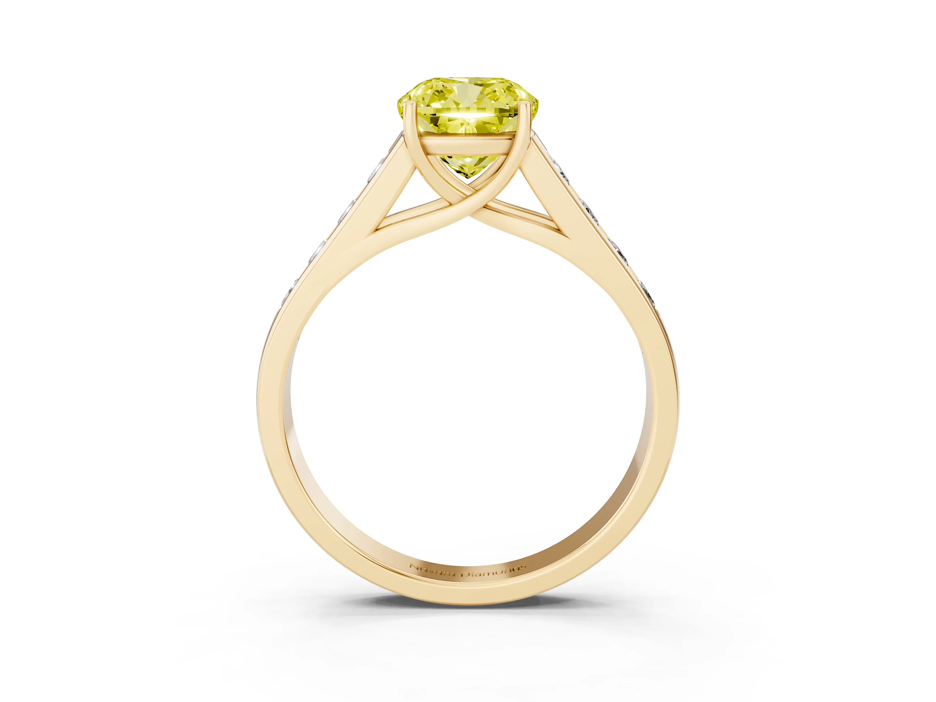 Fancy Yellow Cushion Cut Diamond Brilliant Channel-Set Solitaire Ring Set in Yellow gold with Prong Setting
