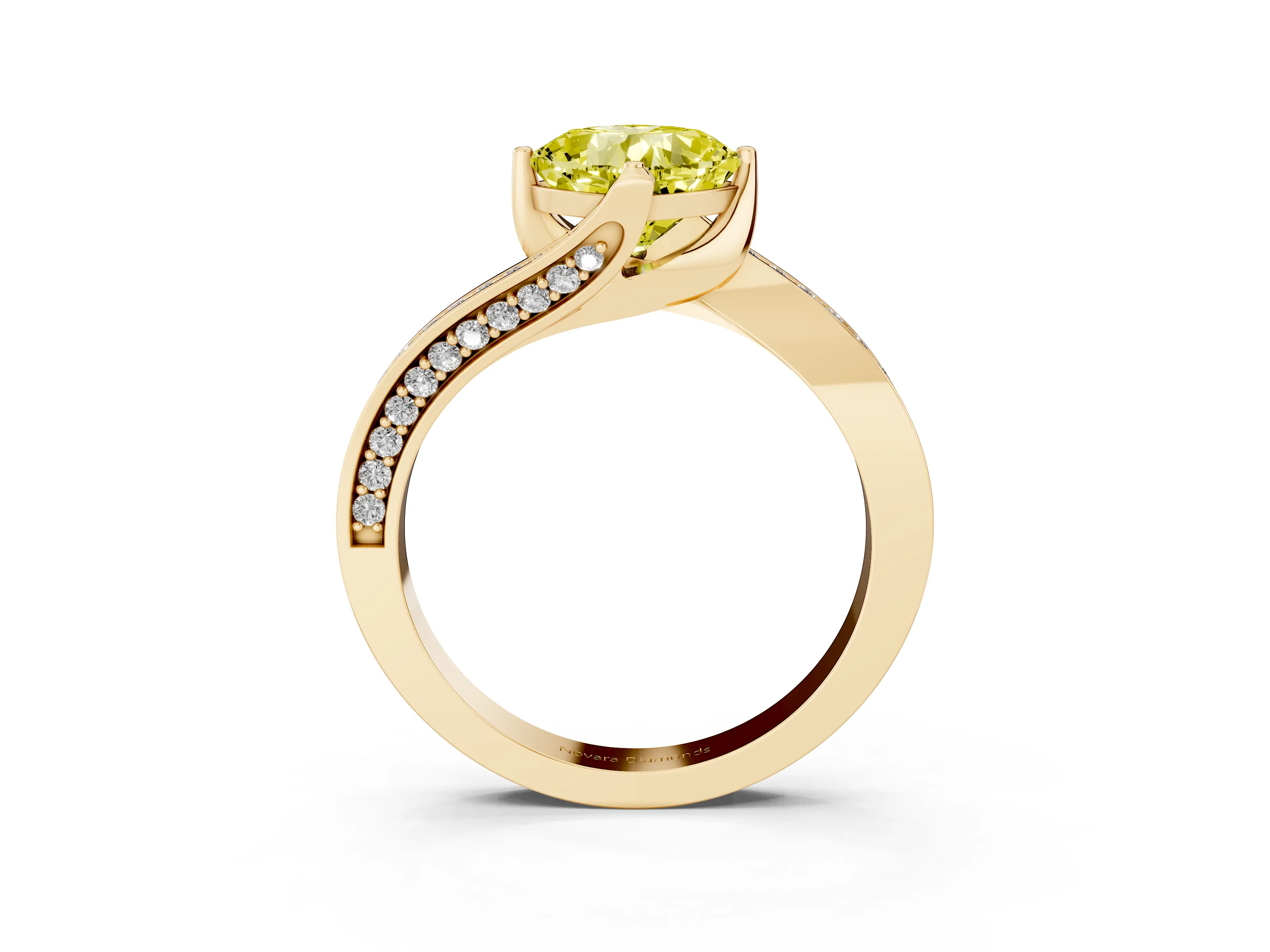 Fancy Yellow Cushion Cut Diamond Solitaire Ring Set in Yellow gold with Intertwined Pavé Twist Band