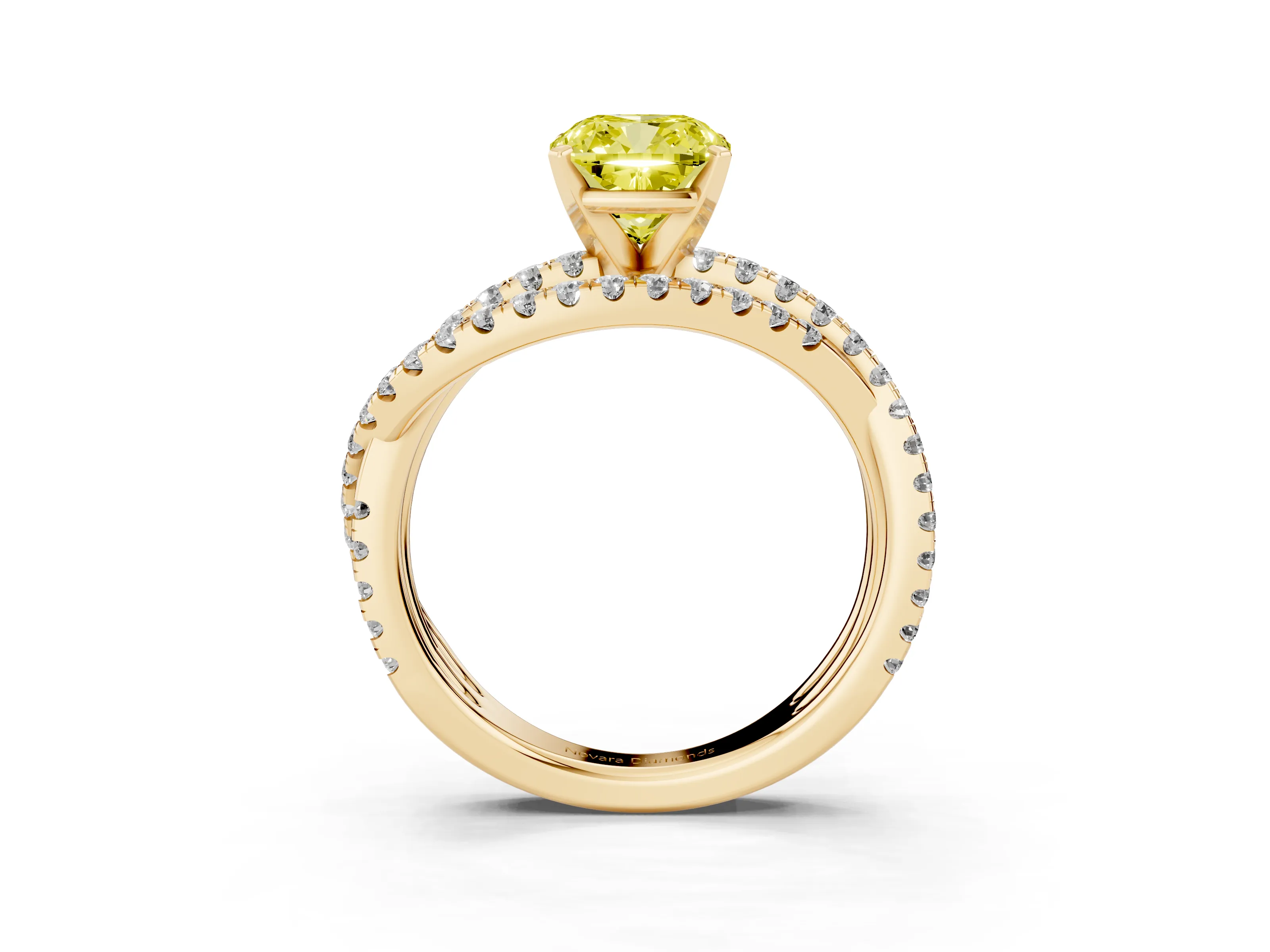 Fancy Yellow Cushion Cut Diamond Solitaire Twist Band Ring Set in Yellow gold with Pavé Setting and Prong Head
