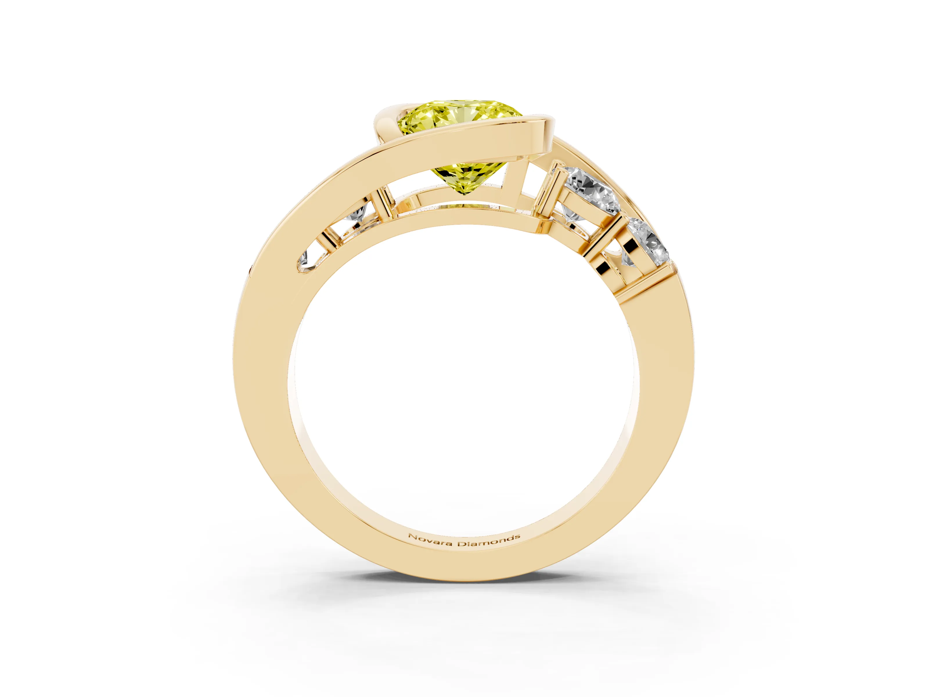 Fancy Yellow Cushion Cut Diamond Bezel Bypass Ring Set in Yellow gold with Round Accents