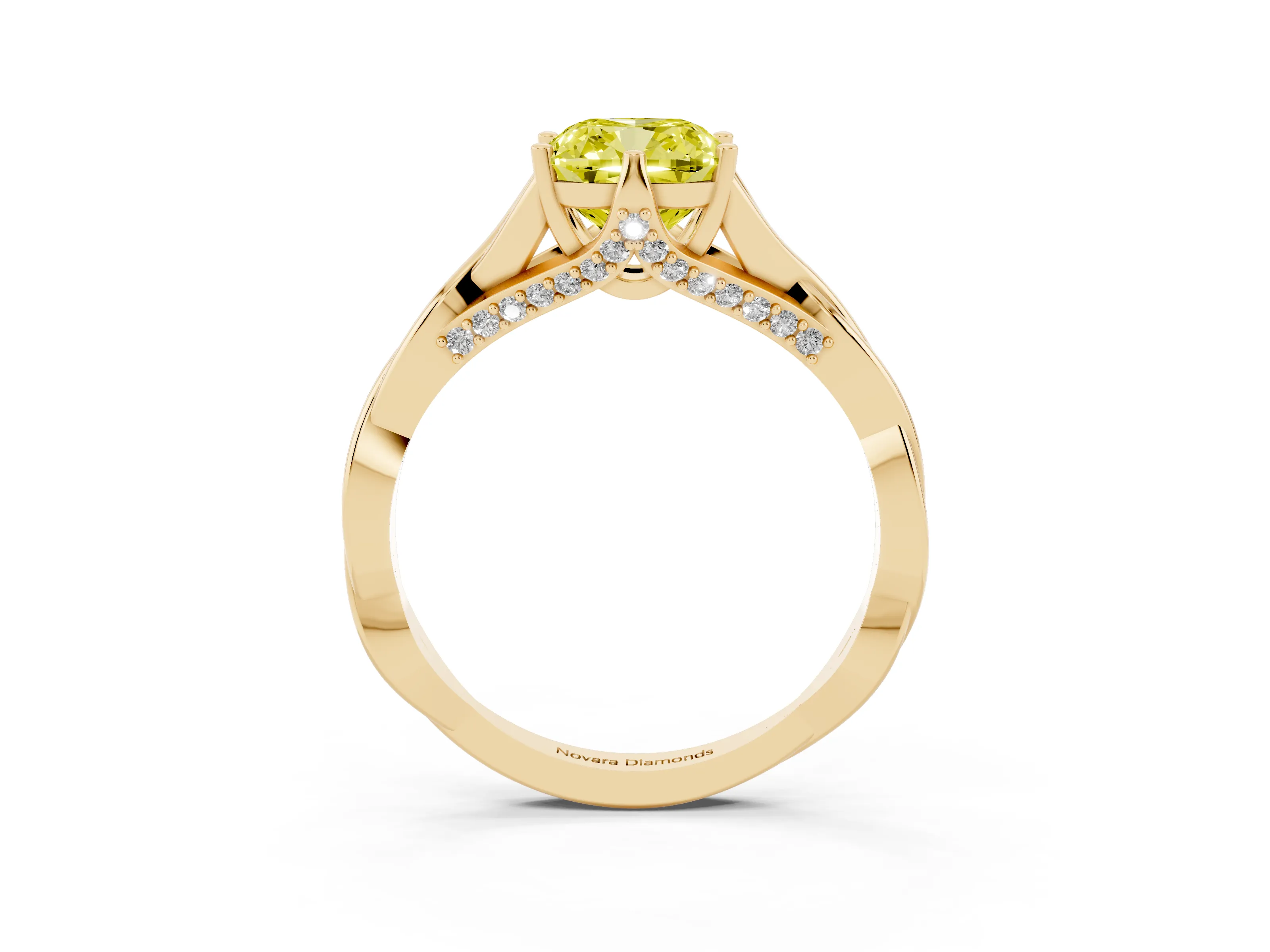Fancy Yellow Cushion Cut Diamond Intertwined Twist Band Solitaire Ring Set in Yellow gold with Prong Setting