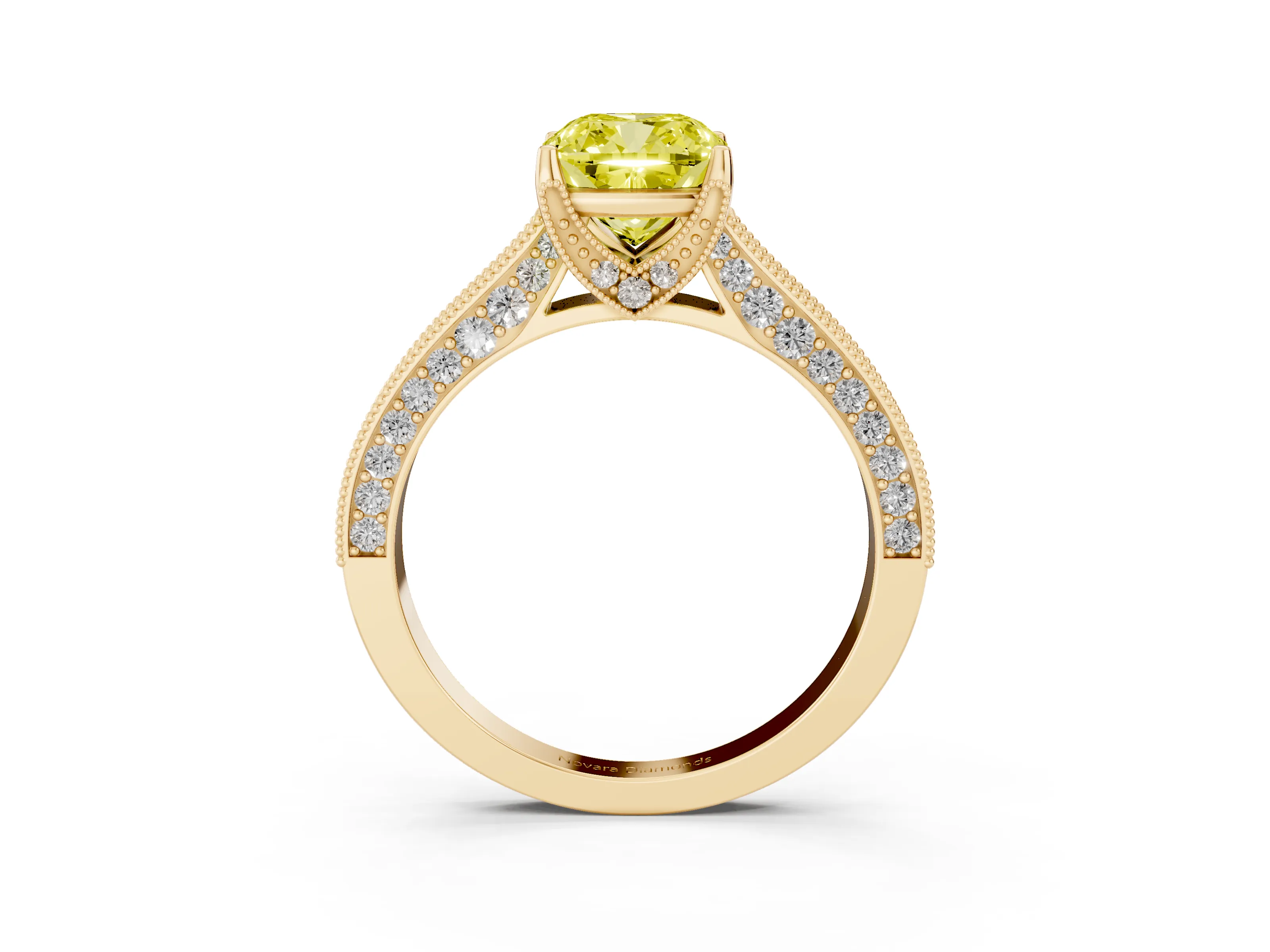 Fancy Yellow Cushion Cut Diamond Solitaire Ring Set in Yellow gold with Milgrain-Edged Pavé Band and Prong Setting
