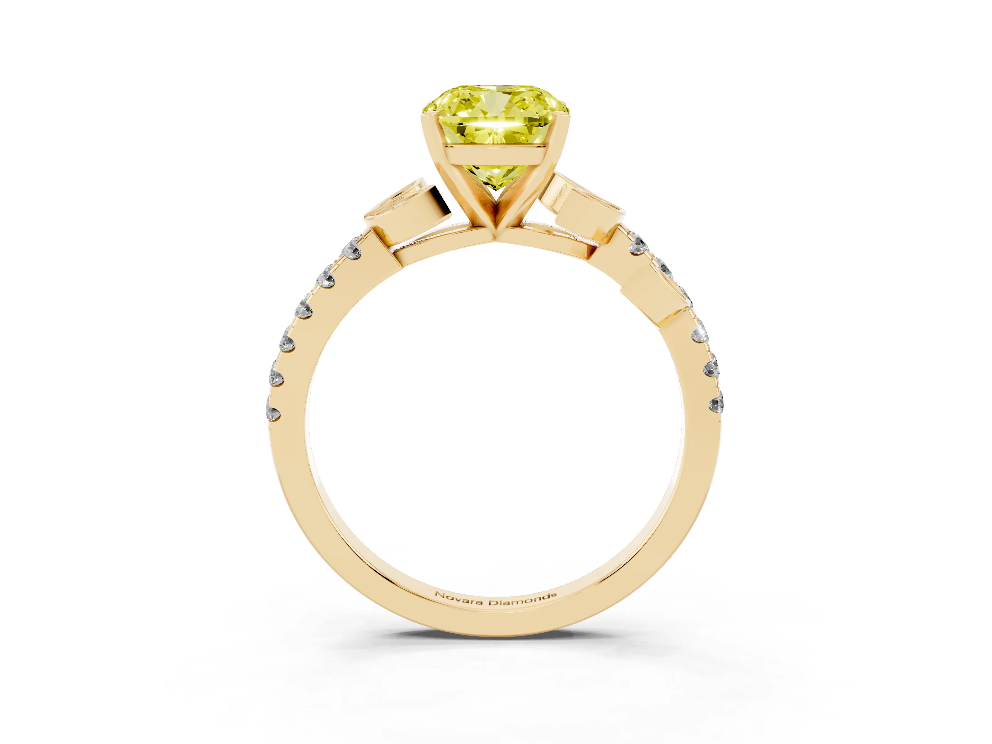 Fancy Yellow Cushion Cut Diamond Solitaire Leaf-Inspired Ring Set in Yellow gold with Pavé Band and Prong Setting