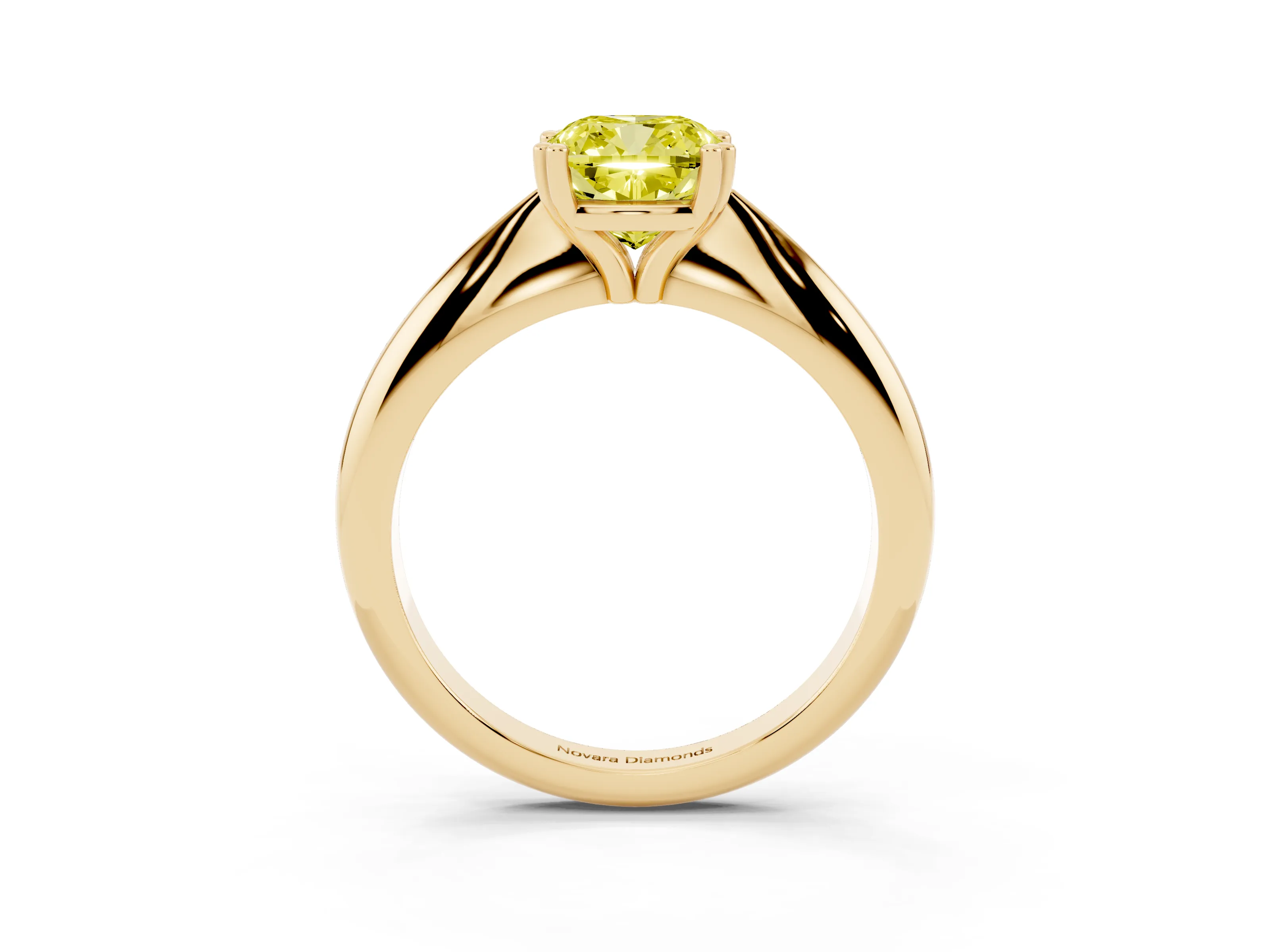 Fancy Yellow Cushion Cut Diamond Solitaire Engagement Ring Set in Yellow gold with Tapered Band and Prong Setting