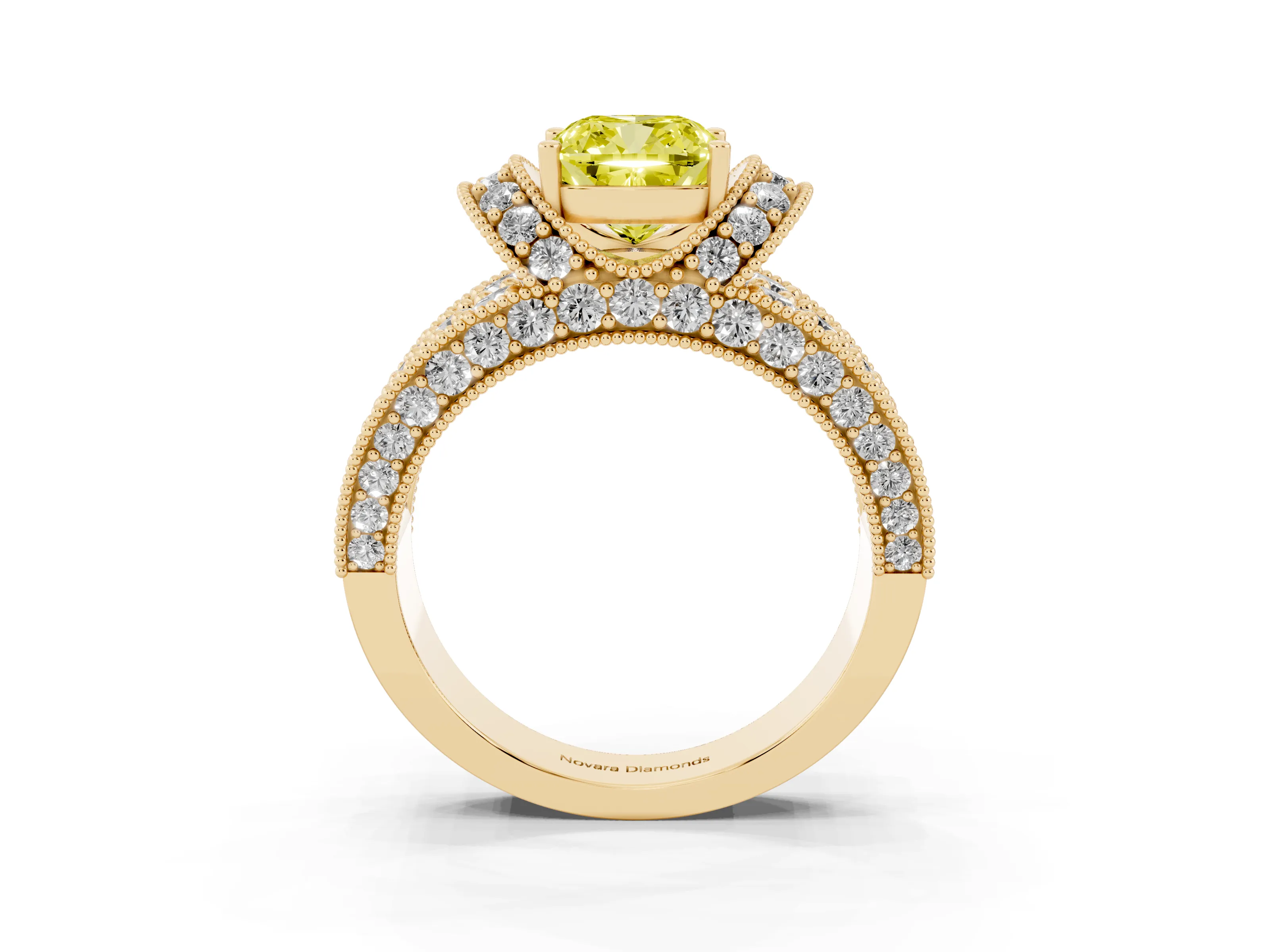 Fancy Yellow Cushion Cut Diamond Milgrain Halo Pavé Engagement Ring Set in Yellow gold with Prong Setting