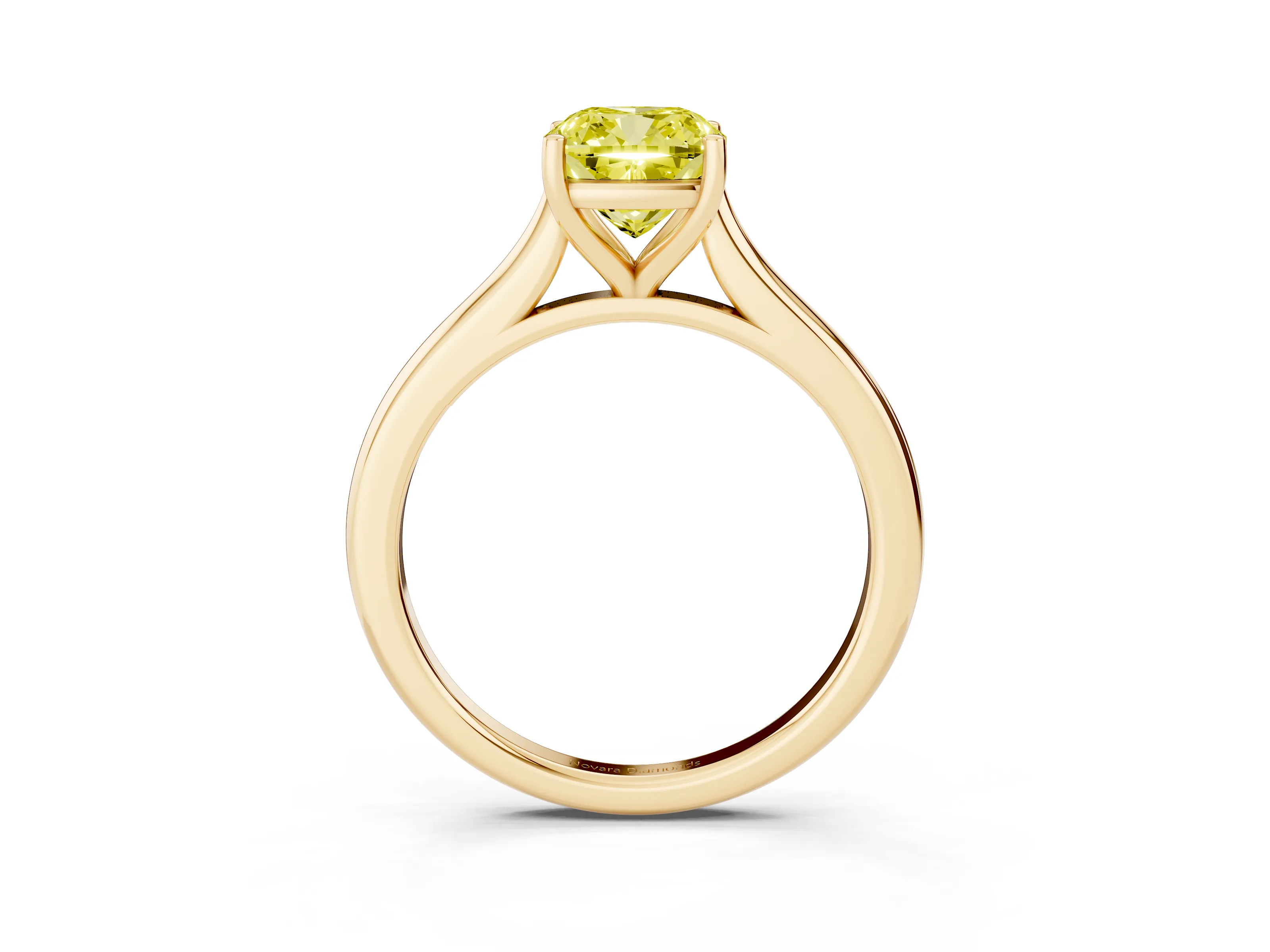 Fancy Yellow Cushion Cut Diamond Solitaire Ring Set in Yellow gold with Cathedral Band and Prong Setting