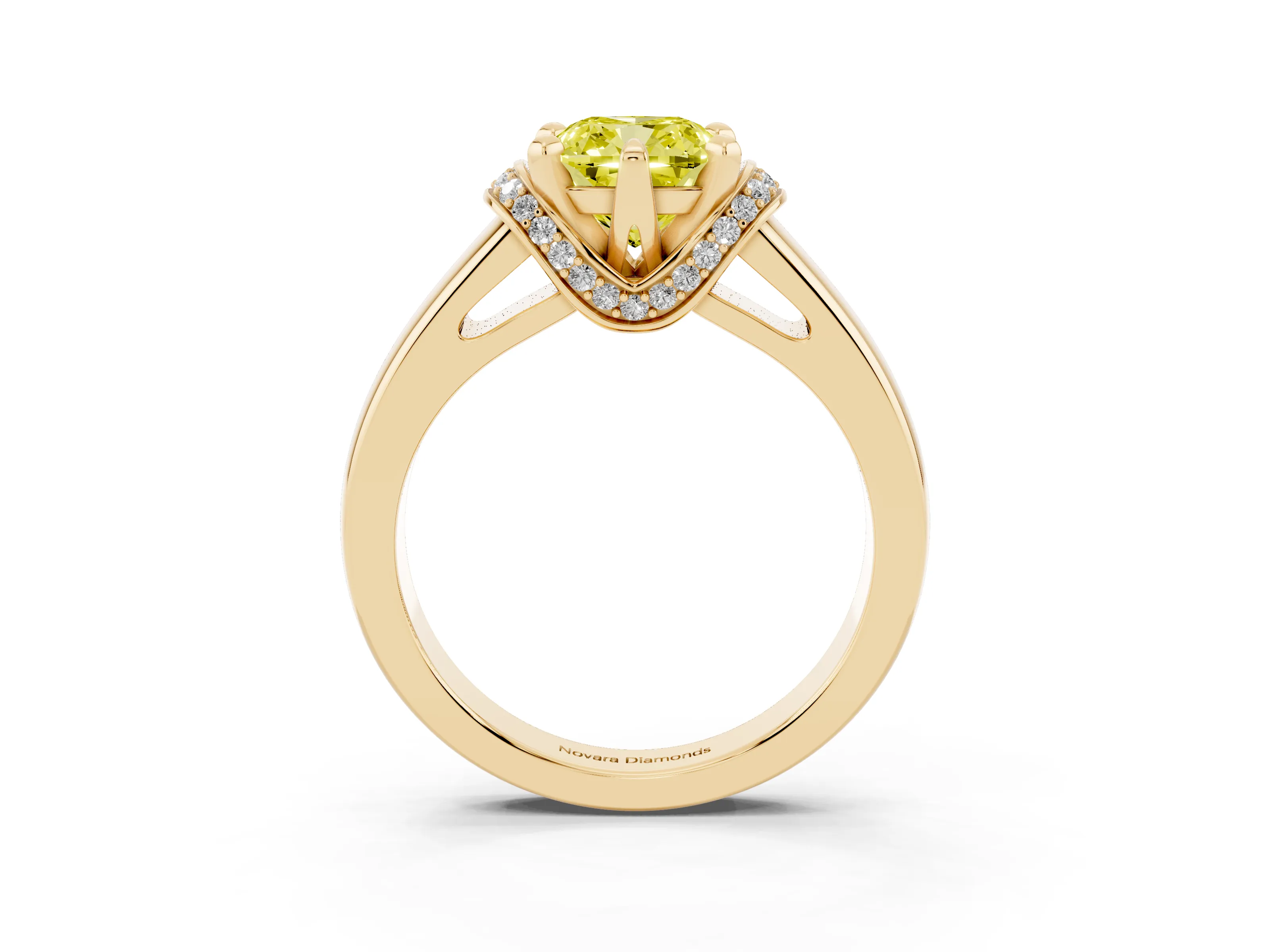Fancy Yellow Cushion Cut Diamond Pavé Band Solitaire Ring Set in Yellow gold with Prong Setting