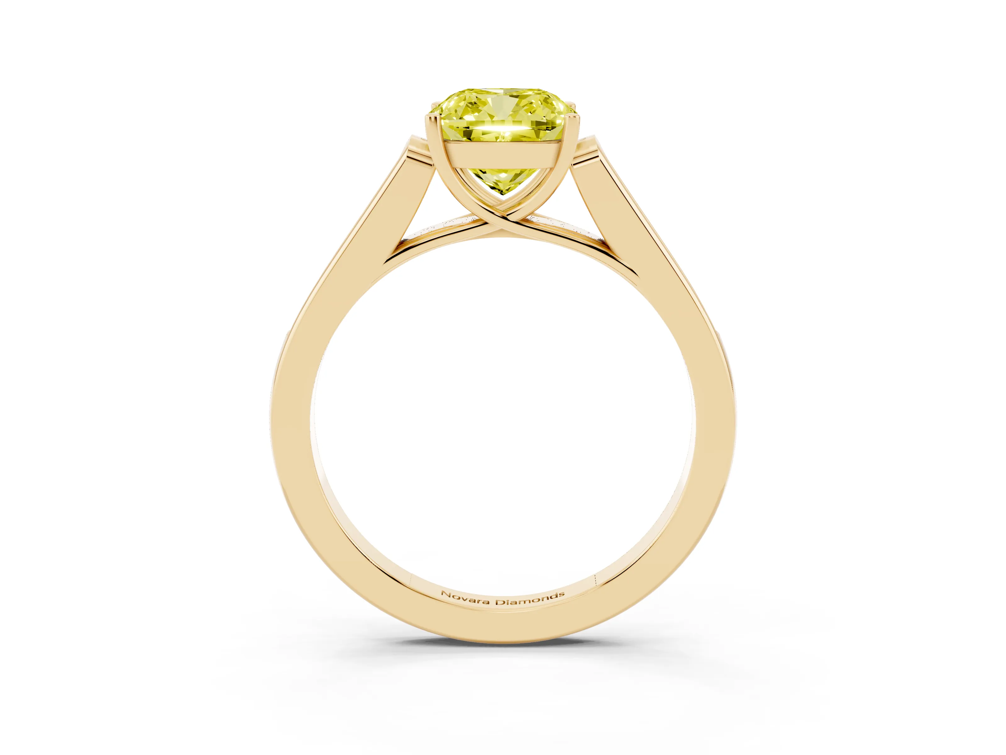 Fancy Yellow Cushion Cut Diamond Solitaire Cathedral Engagement Ring Set in Yellow gold with Channel-Set Band and Prong Setting