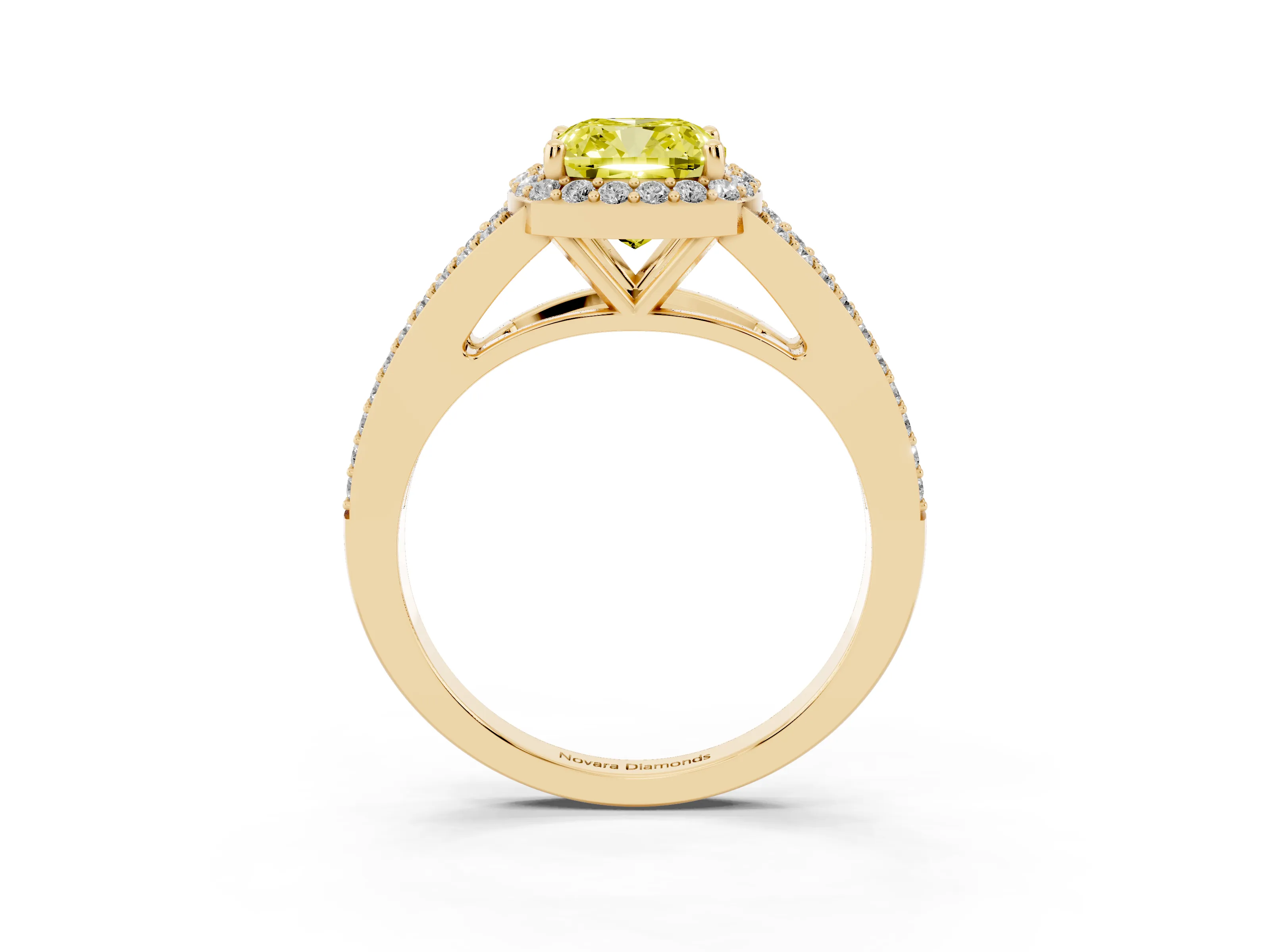 Fancy Yellow Cushion Cut Diamond Halo Split Shank Ring Set in Yellow gold with Accent Stones and Prong Setting