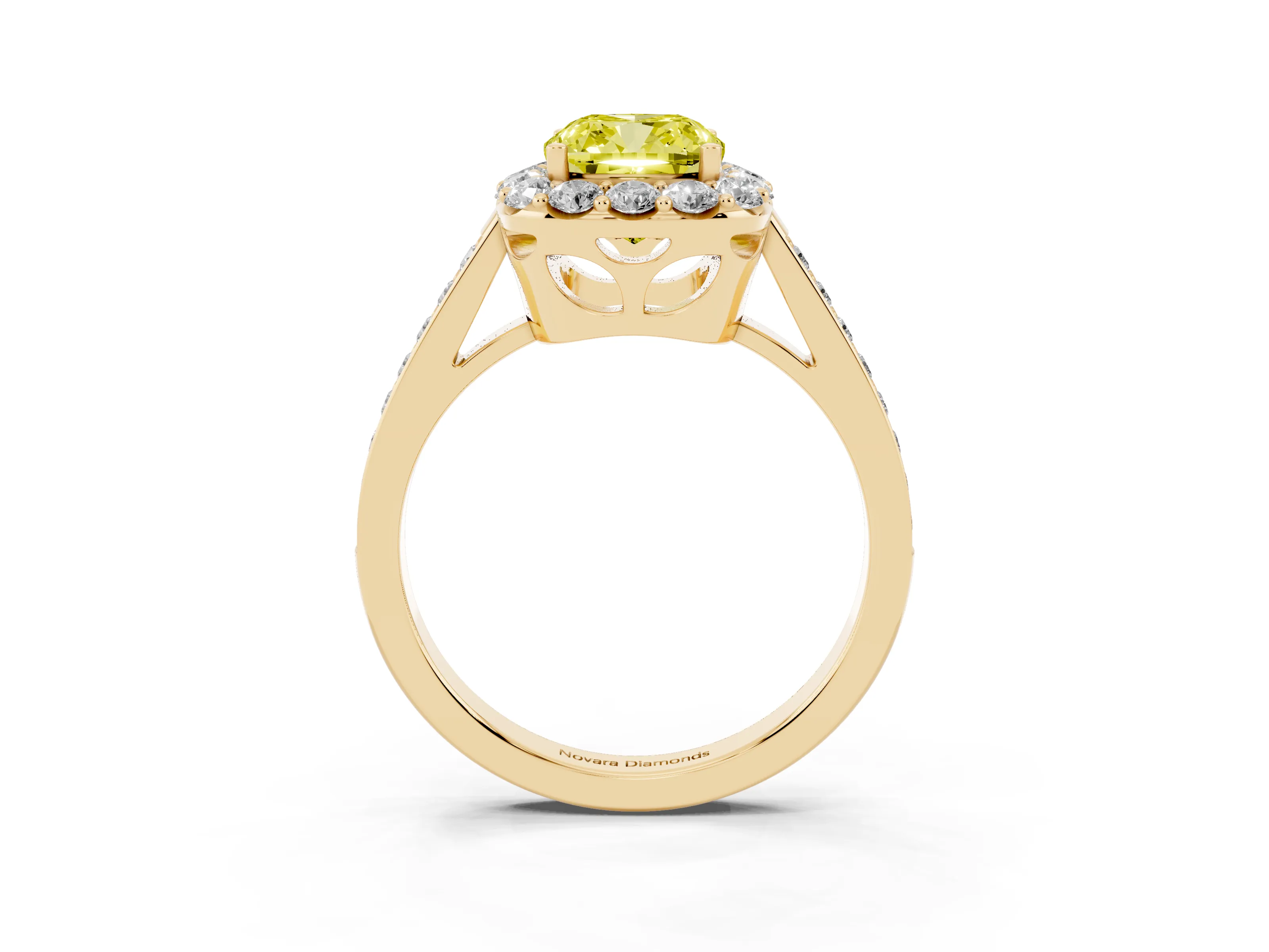 Fancy Yellow Cushion Cut Diamond Floral Halo Ring Set in Yellow gold with Pavé Band and Prong Setting