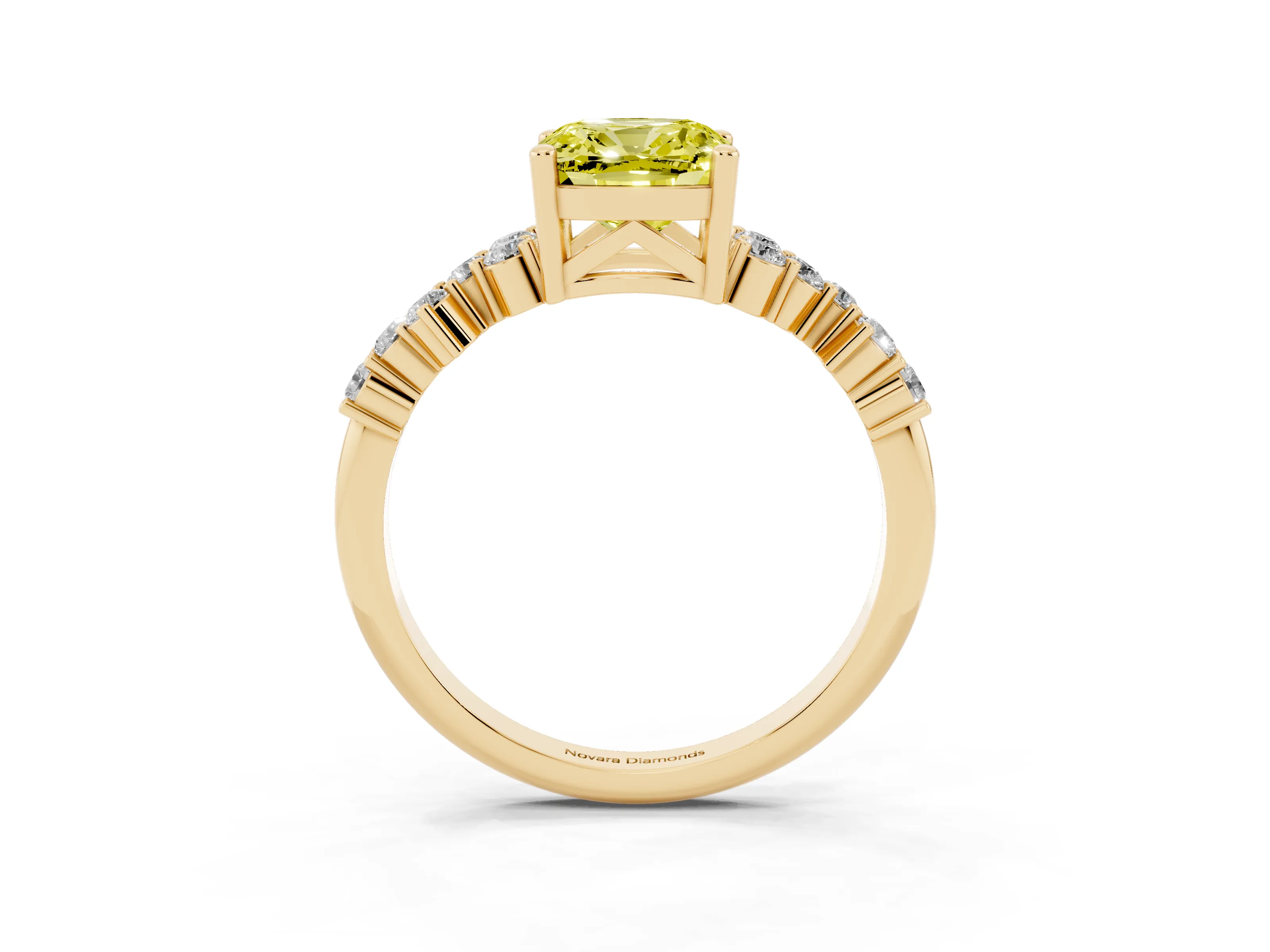 Fancy Yellow Cushion Cut Diamond Ring Set in Yellow gold with Scattered Round Accents
