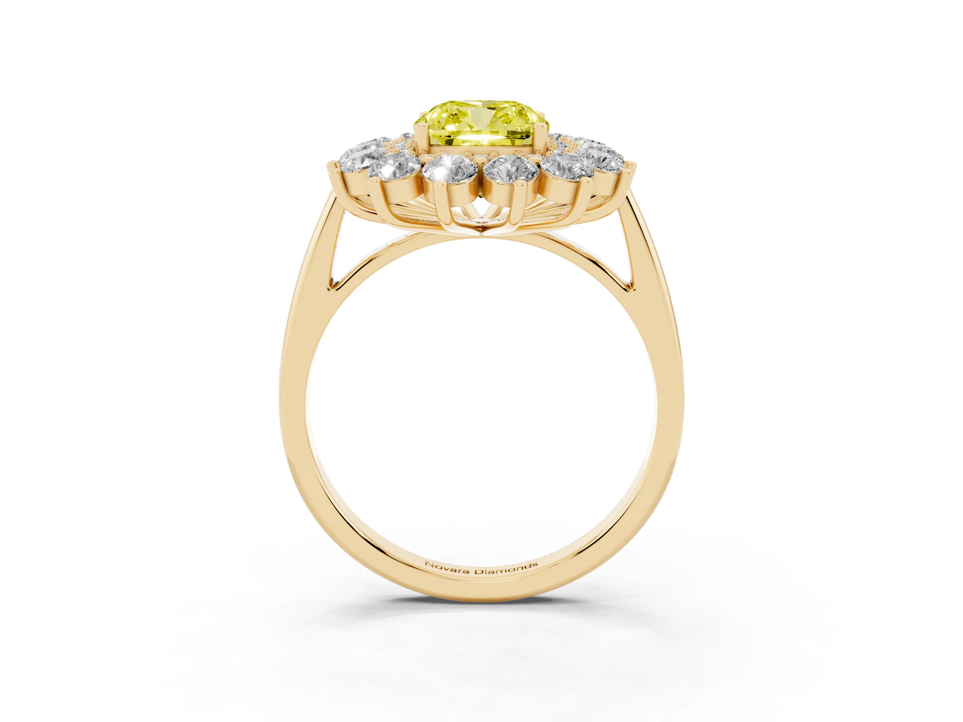 Fancy Yellow Cushion Cut Diamond Floral Double Halo Ring Set in Yellow gold with Round Petals