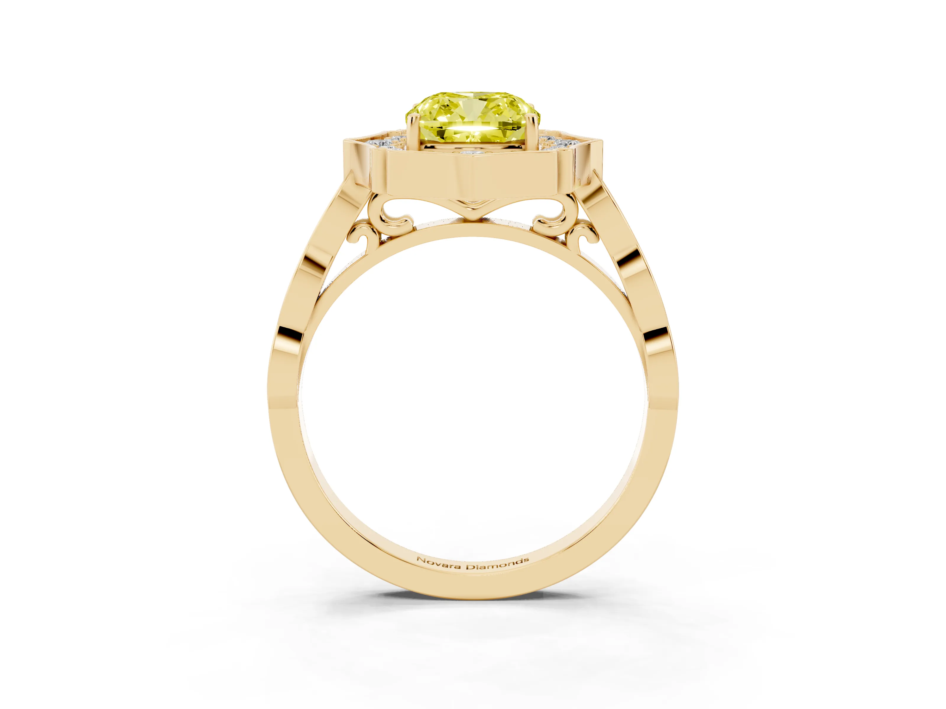 Fancy Yellow Cushion Cut Diamond Halo Engagement Ring Set in Yellow gold with Milgrain Band and Prong Setting