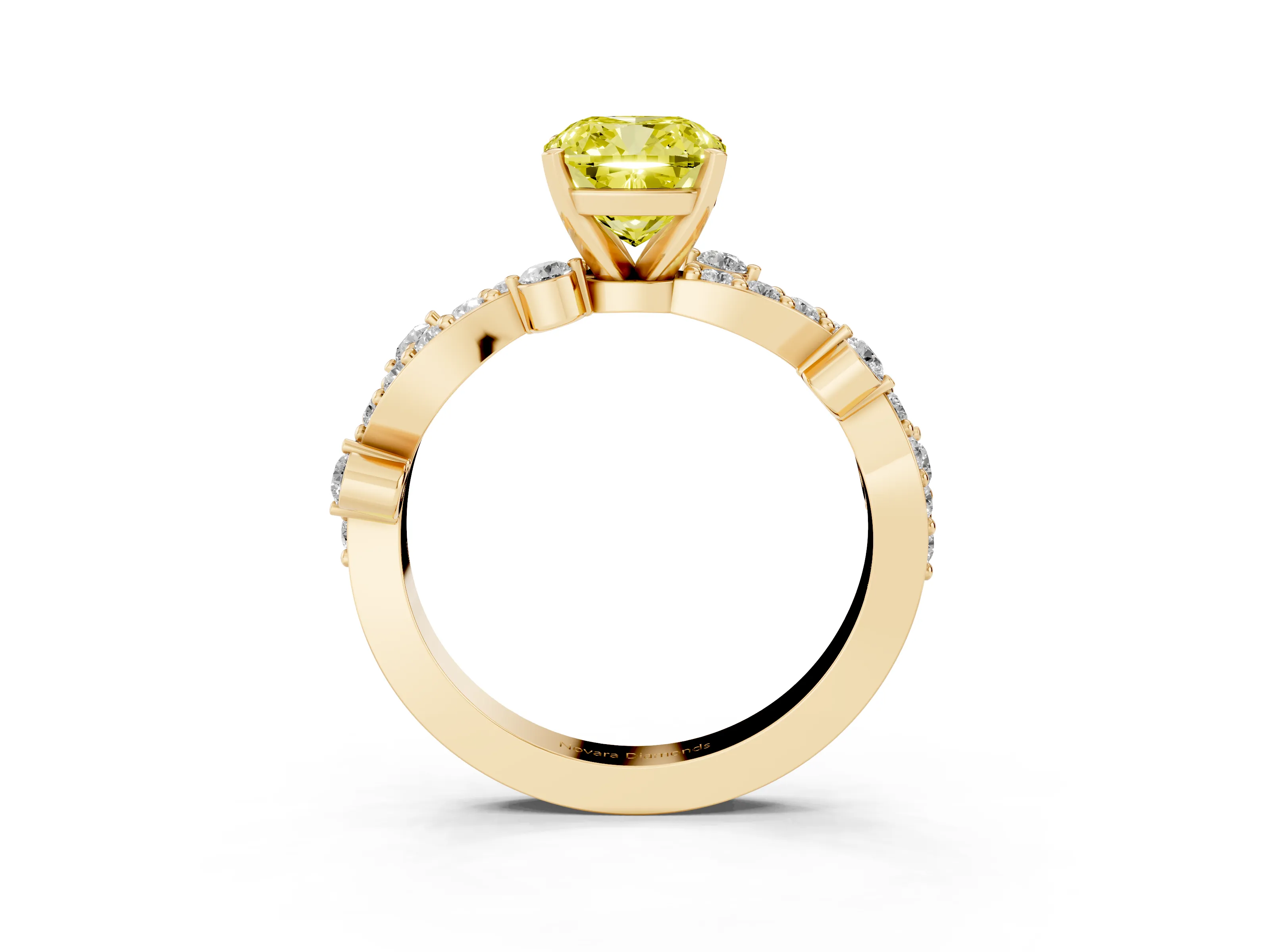 Fancy Yellow Cushion Cut Diamond Solitaire Twisted Band Set in Yellow gold with Pavé Setting