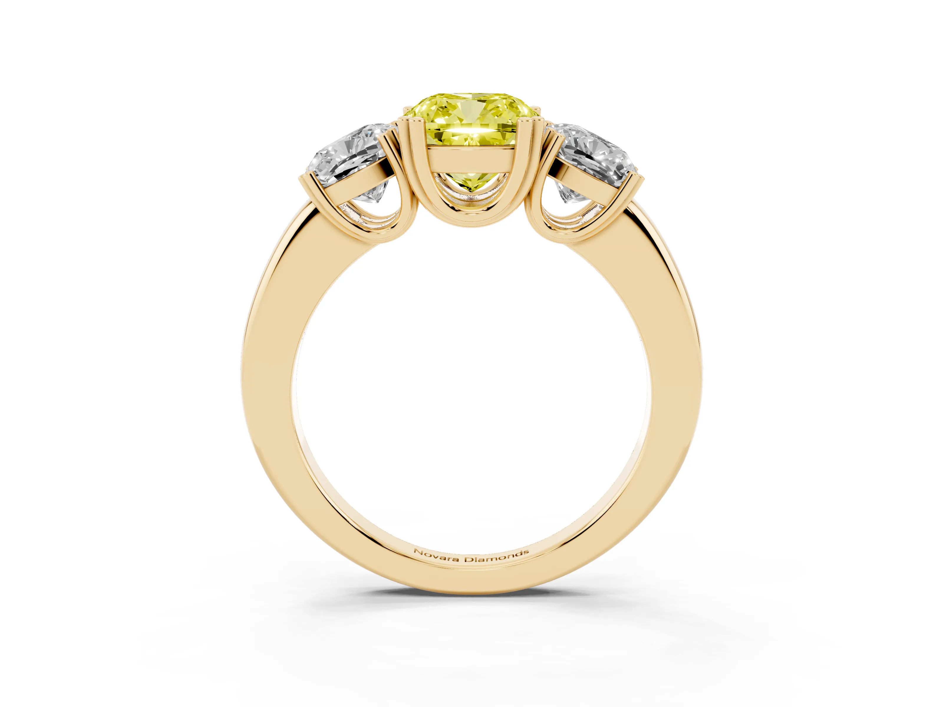Fancy Yellow Cushion Cut Diamond Three-Stone Ring Set in Yellow gold with Polished Band and Prong Setting
