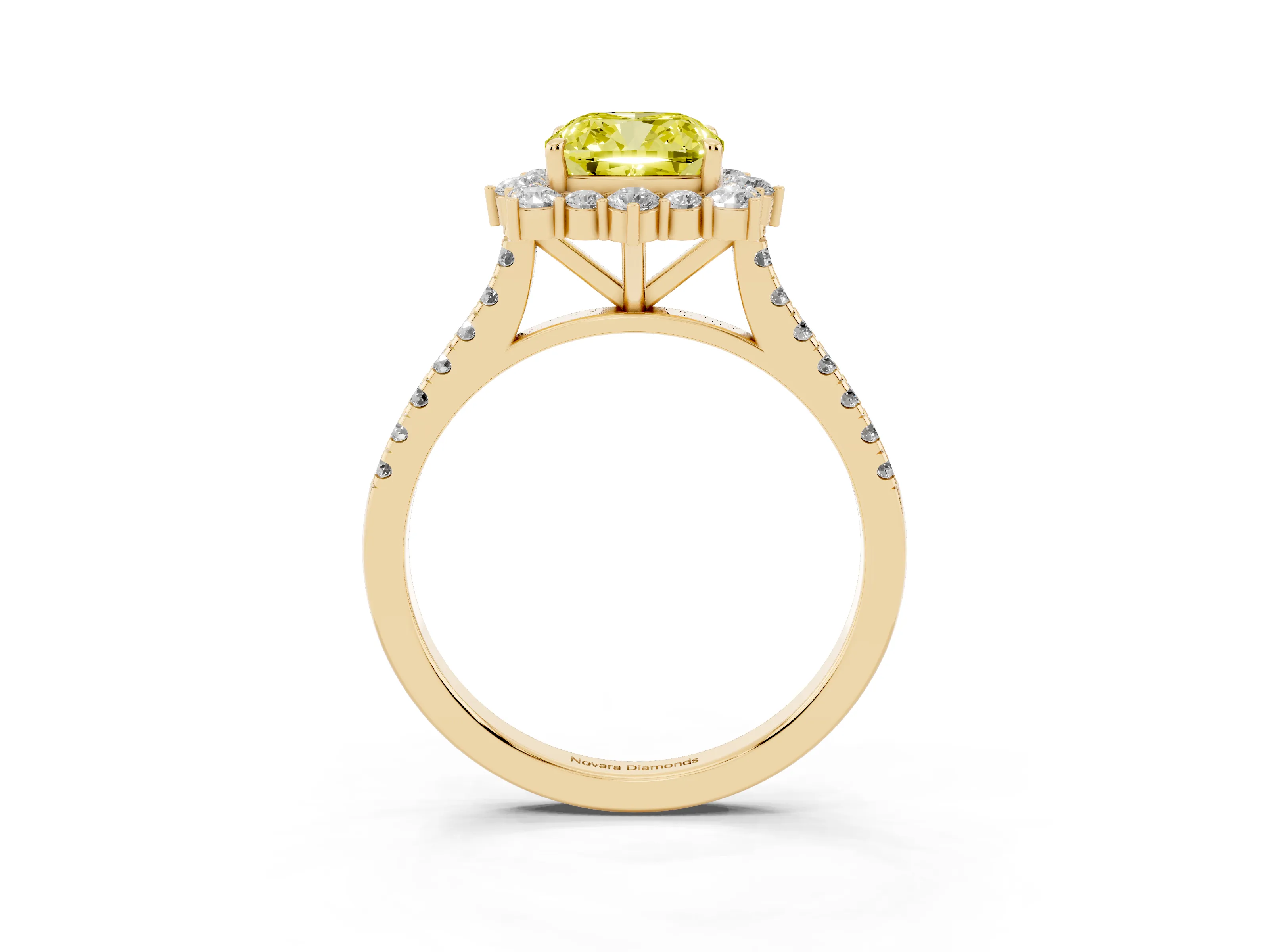 Fancy Yellow Cushion Cut Diamond Halo Ring Set in Yellow gold with Pavé Band and Prong Setting