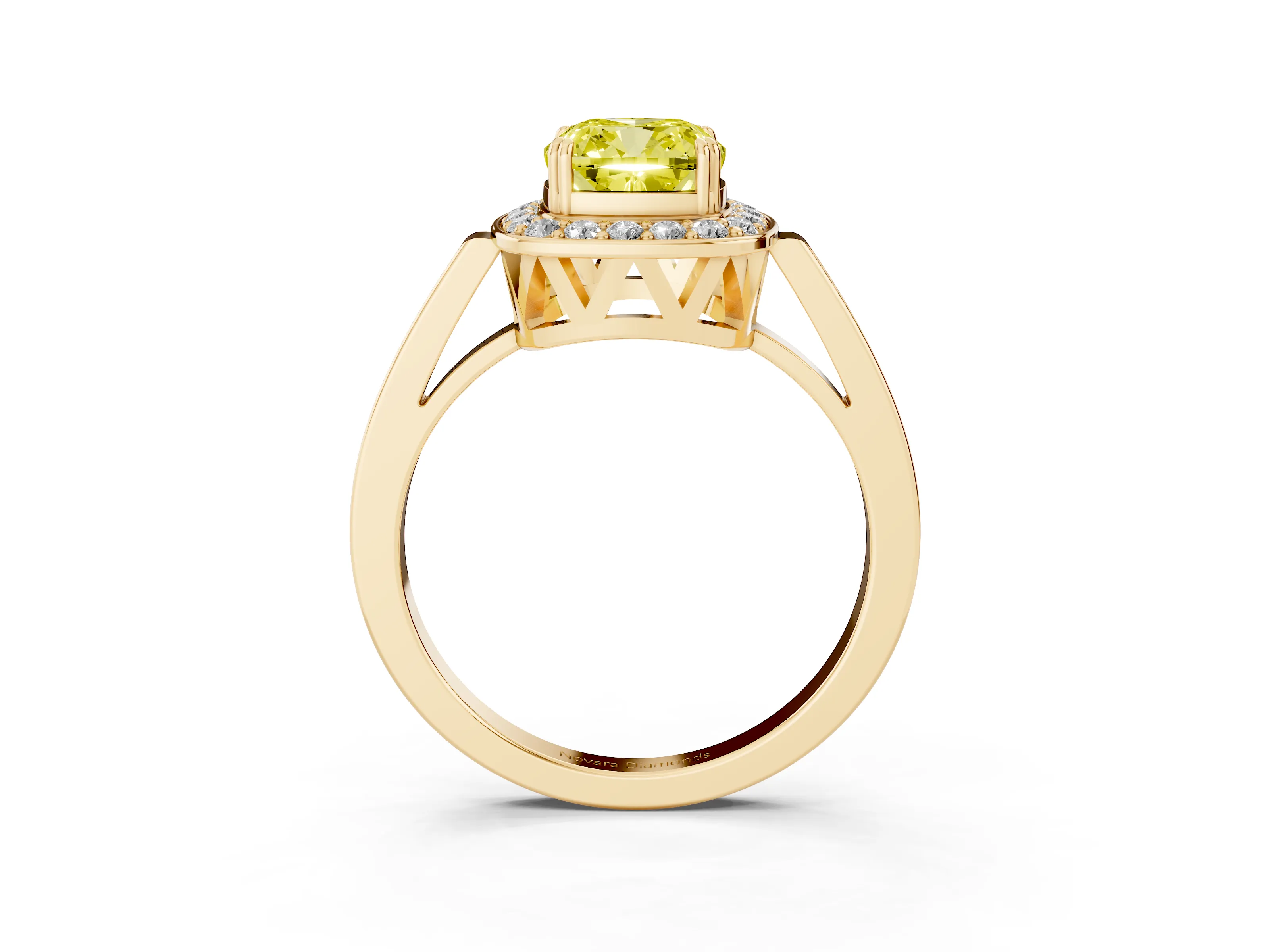 Fancy Yellow Cushion Cut Diamond Halo Ring Set in Yellow gold with Accent-Lined Split Shank and Prong Setting