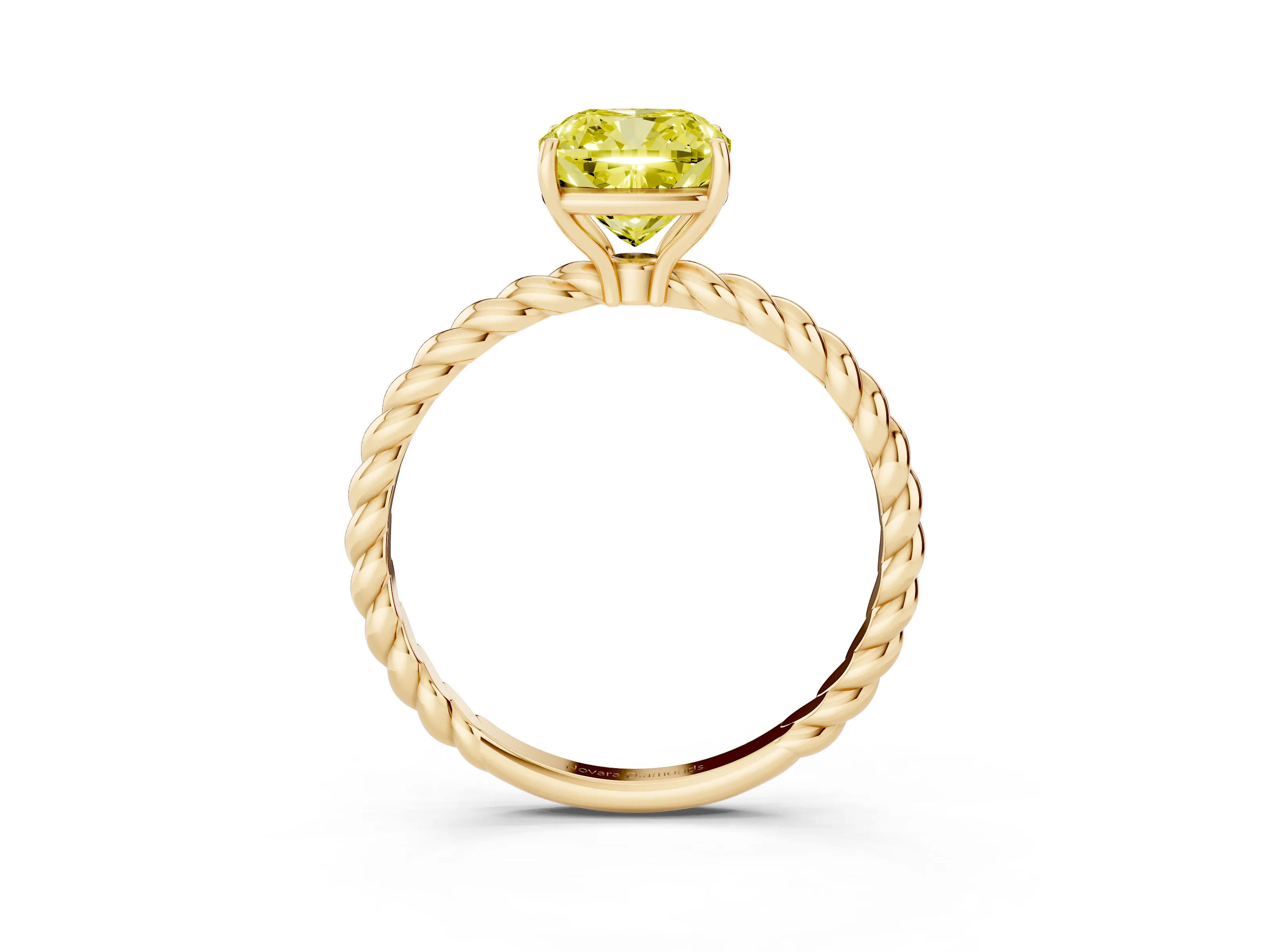 Fancy Yellow Cushion Cut Diamond Solitaire Ring Set in Yellow gold with Twist Band and Prong Setting