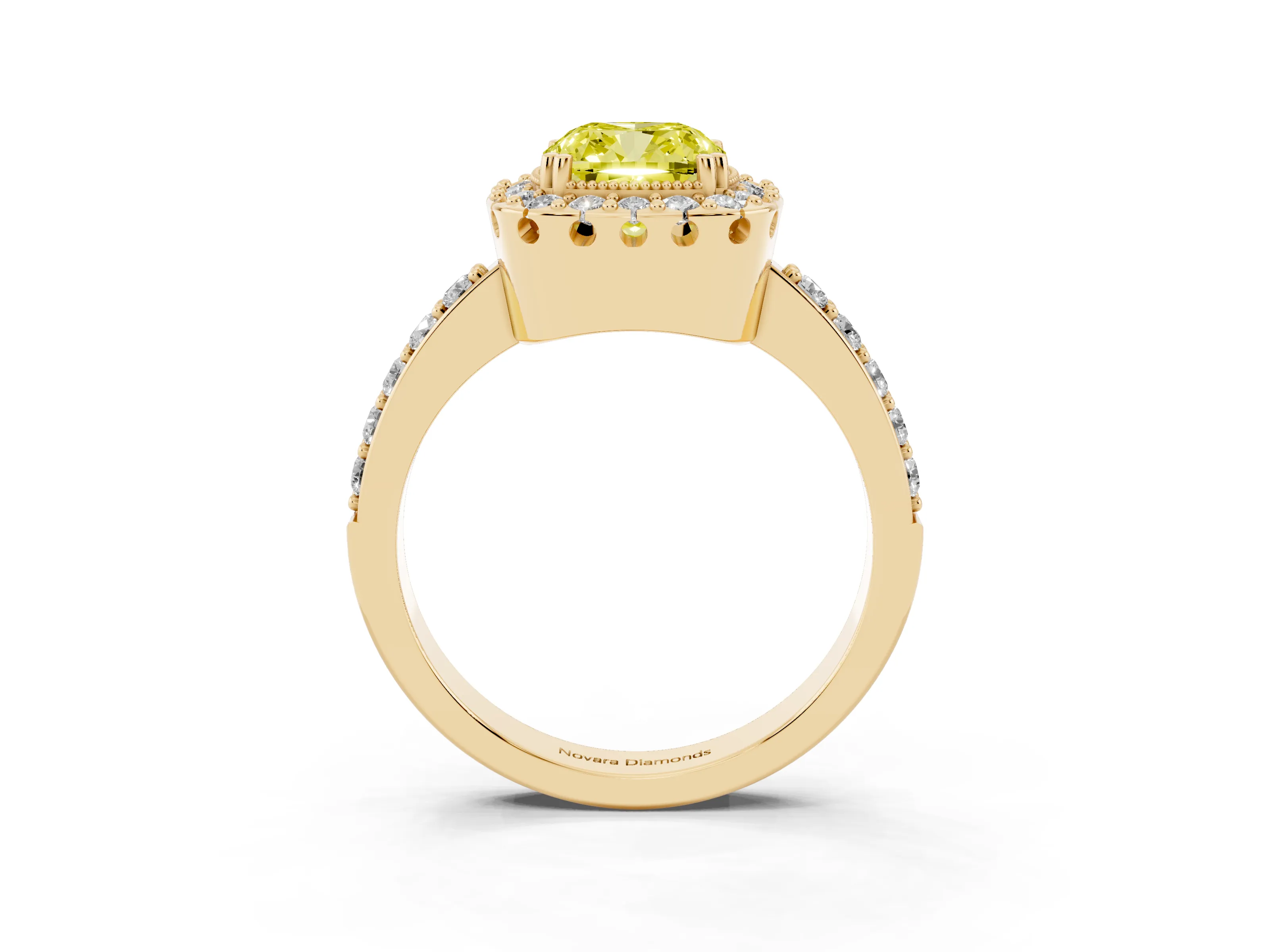 Fancy Yellow Cushion Cut Diamond Halo Ring Set in Yellow gold with Pavé Shank and Prong Setting
