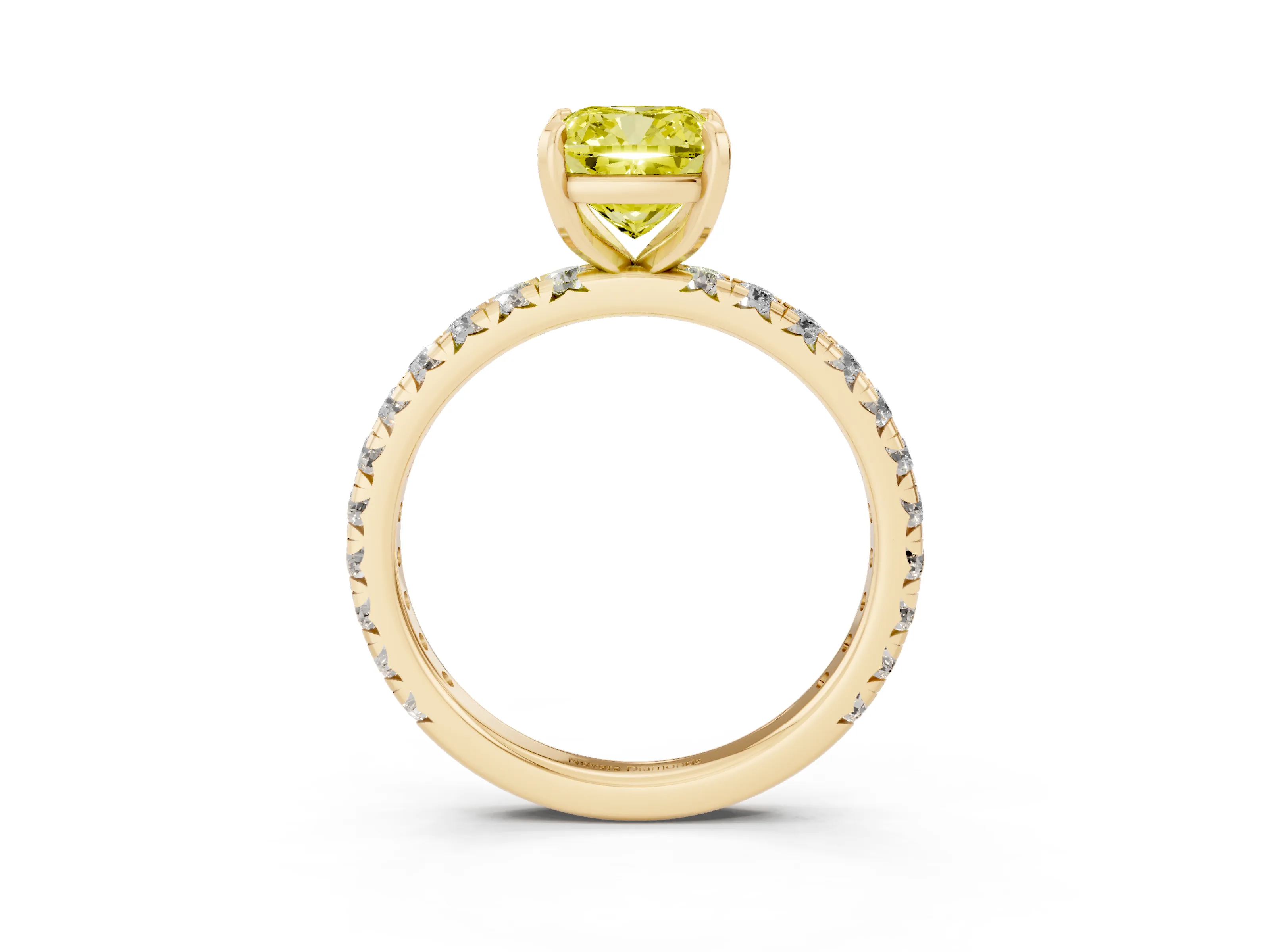 Fancy Yellow Cushion Cut Diamond Pavé Solitaire Ring Set in Yellow gold with Round Band and Prong Setting