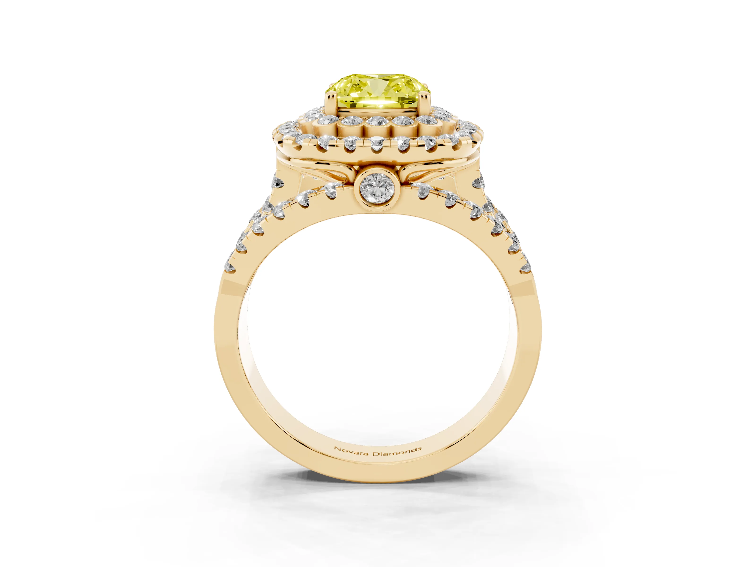 Fancy Yellow Cushion Cut Diamond Double Halo Ring Set in Yellow gold with Round Pavé Split Shank