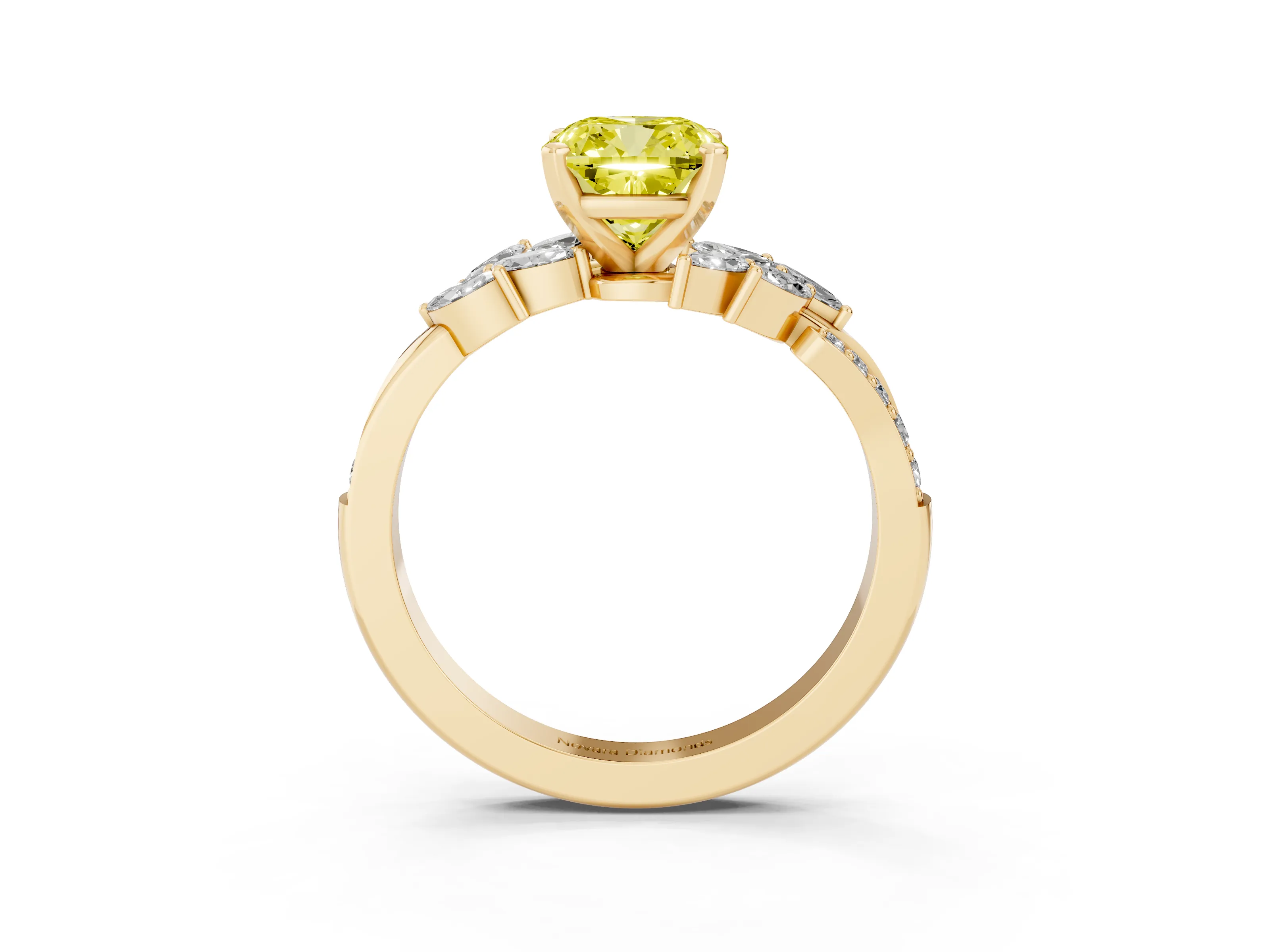 Fancy Yellow Cushion Cut Diamond Solitaire Ring Set in Yellow gold with Marquise Twist Band and Prong Setting