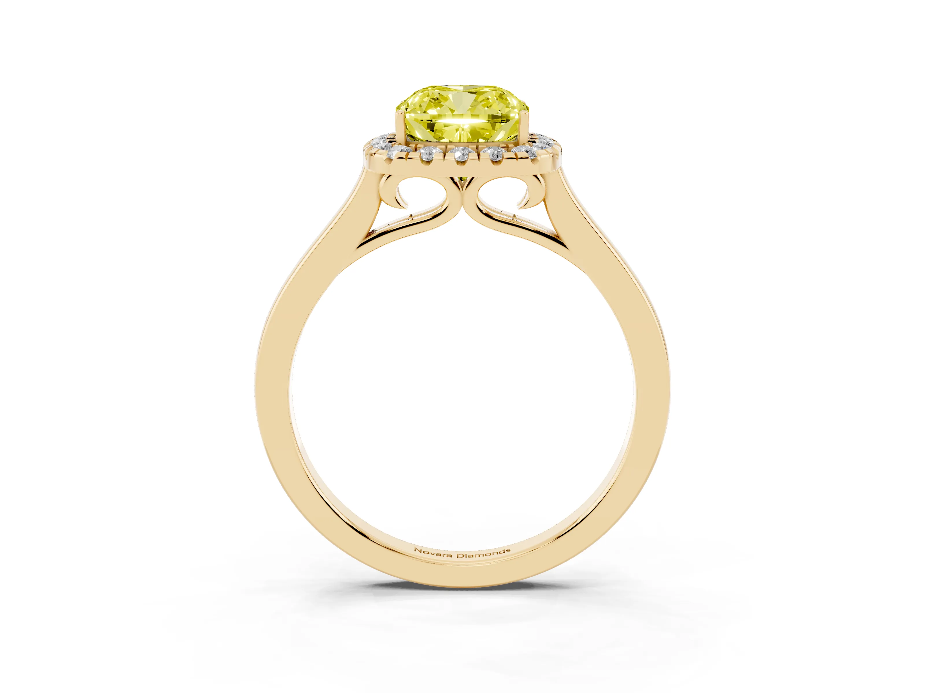 Fancy Yellow Cushion Cut Halo Round Diamond Solitaire Ring Set in Yellow gold with Pavé Band and Prong Setting