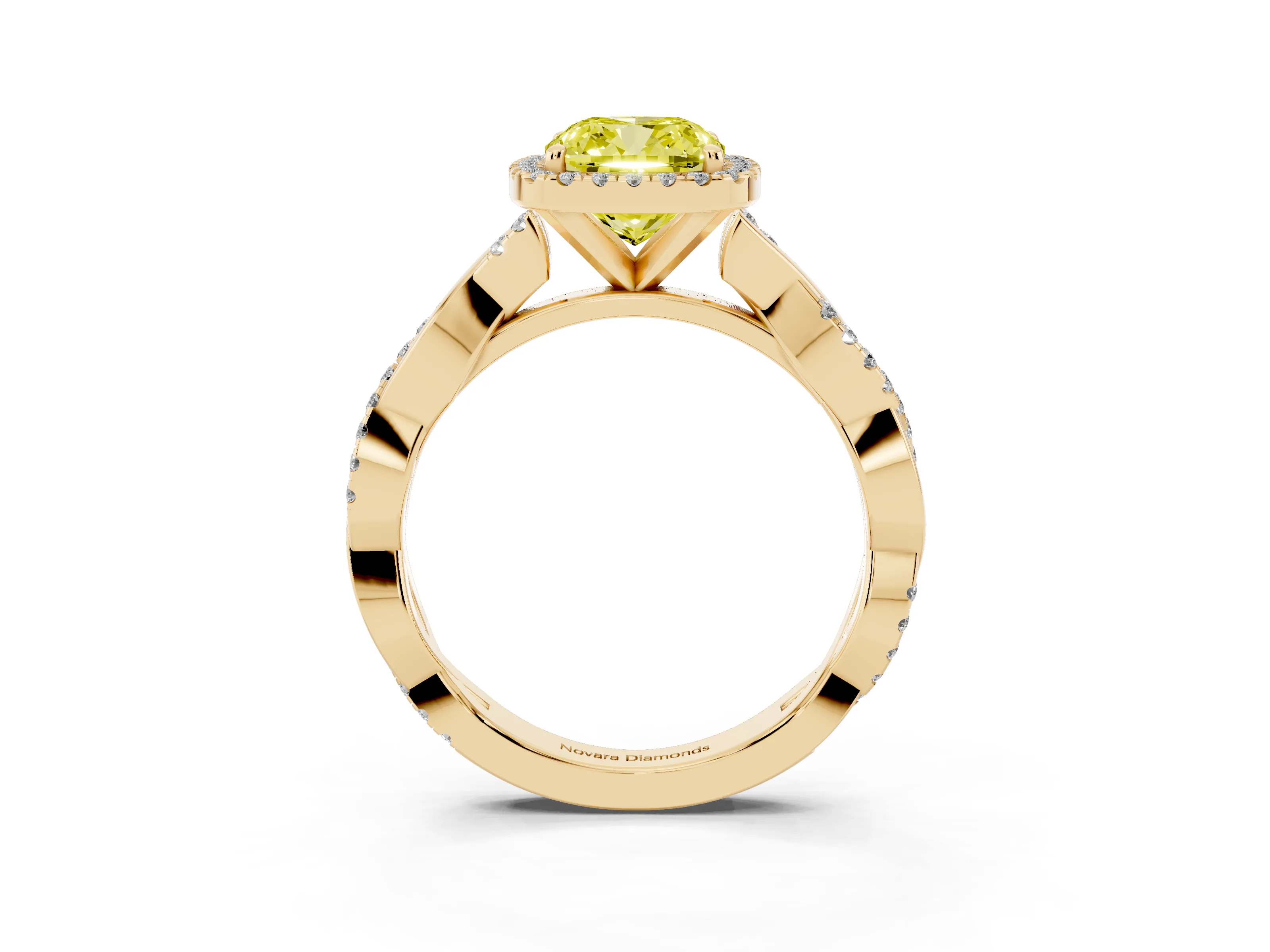 Fancy Yellow Cushion Cut Diamond Halo Twisted Band Ring Set in Yellow gold with Prong Setting