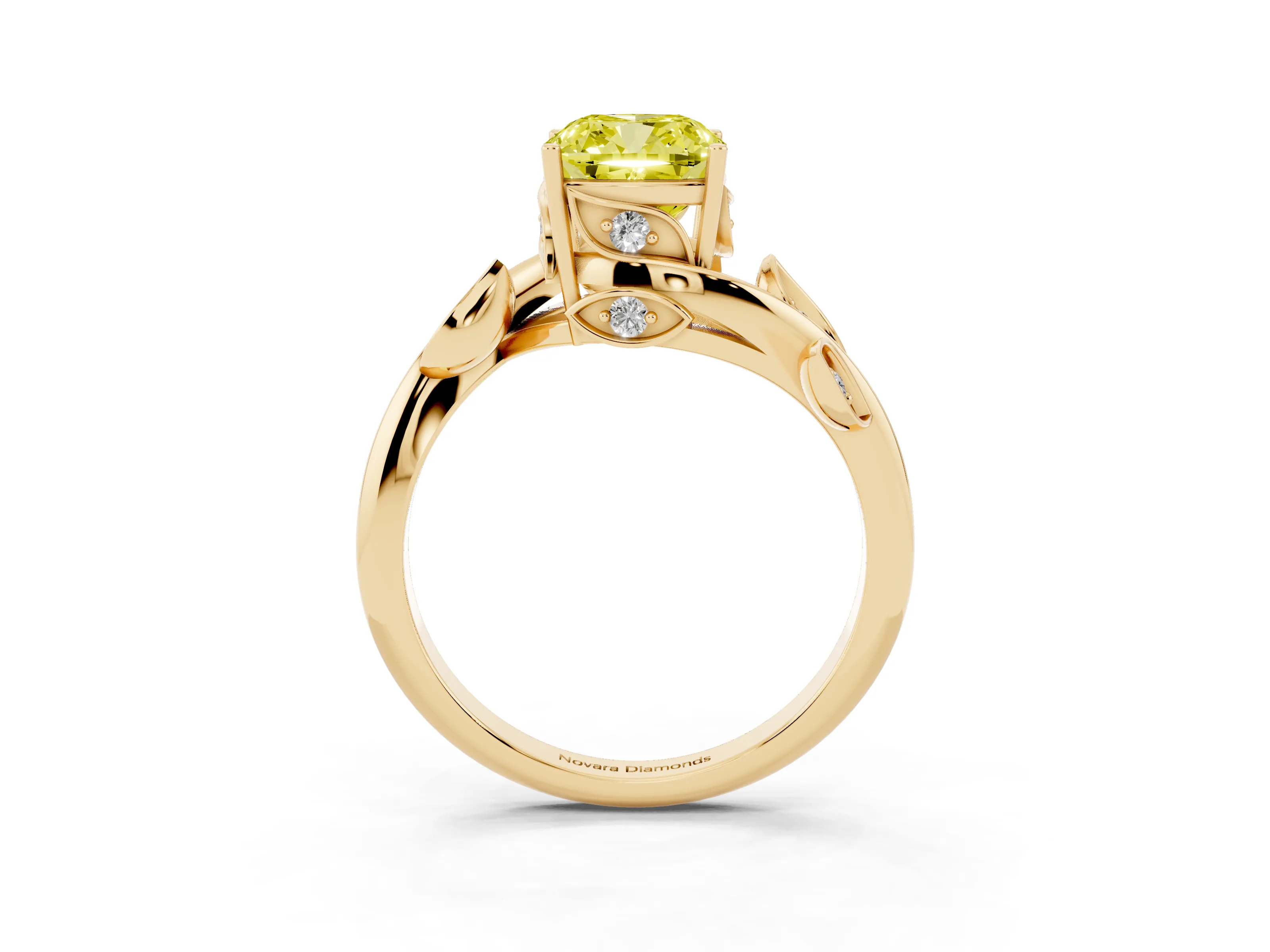 Fancy Yellow Cushion Cut Diamond Solitaire Twist Engagement Ring Set in Yellow gold with Pavé Leaf Accents