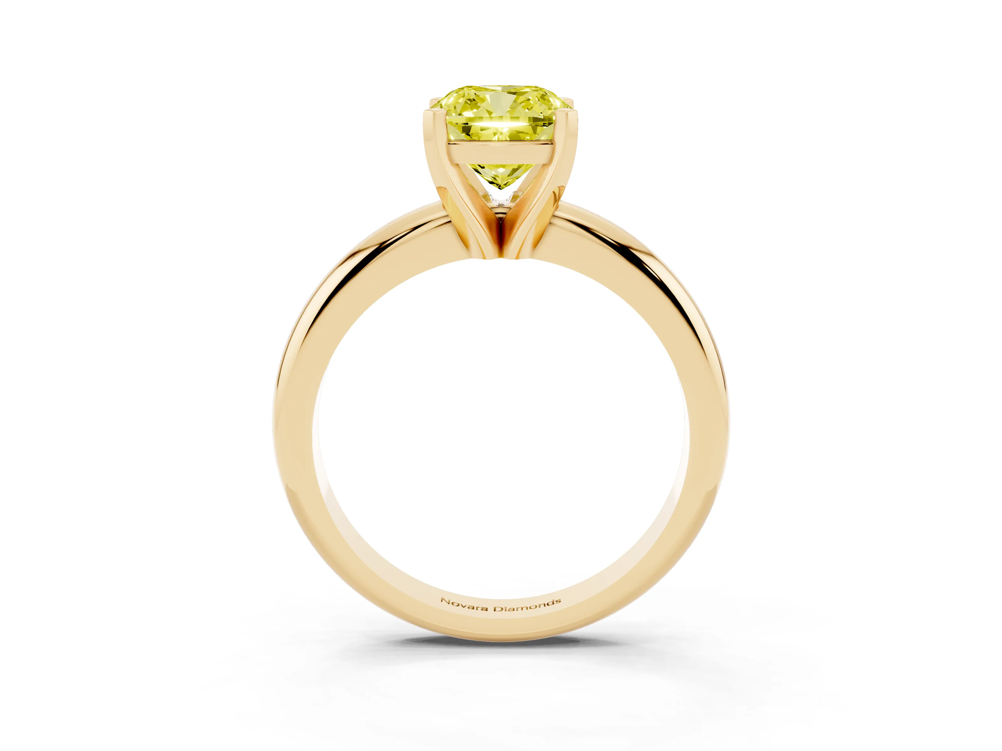 Fancy Yellow Cushion Cut Diamond Solitaire Engagement Ring Set in Yellow gold with Round Band and Prong Setting