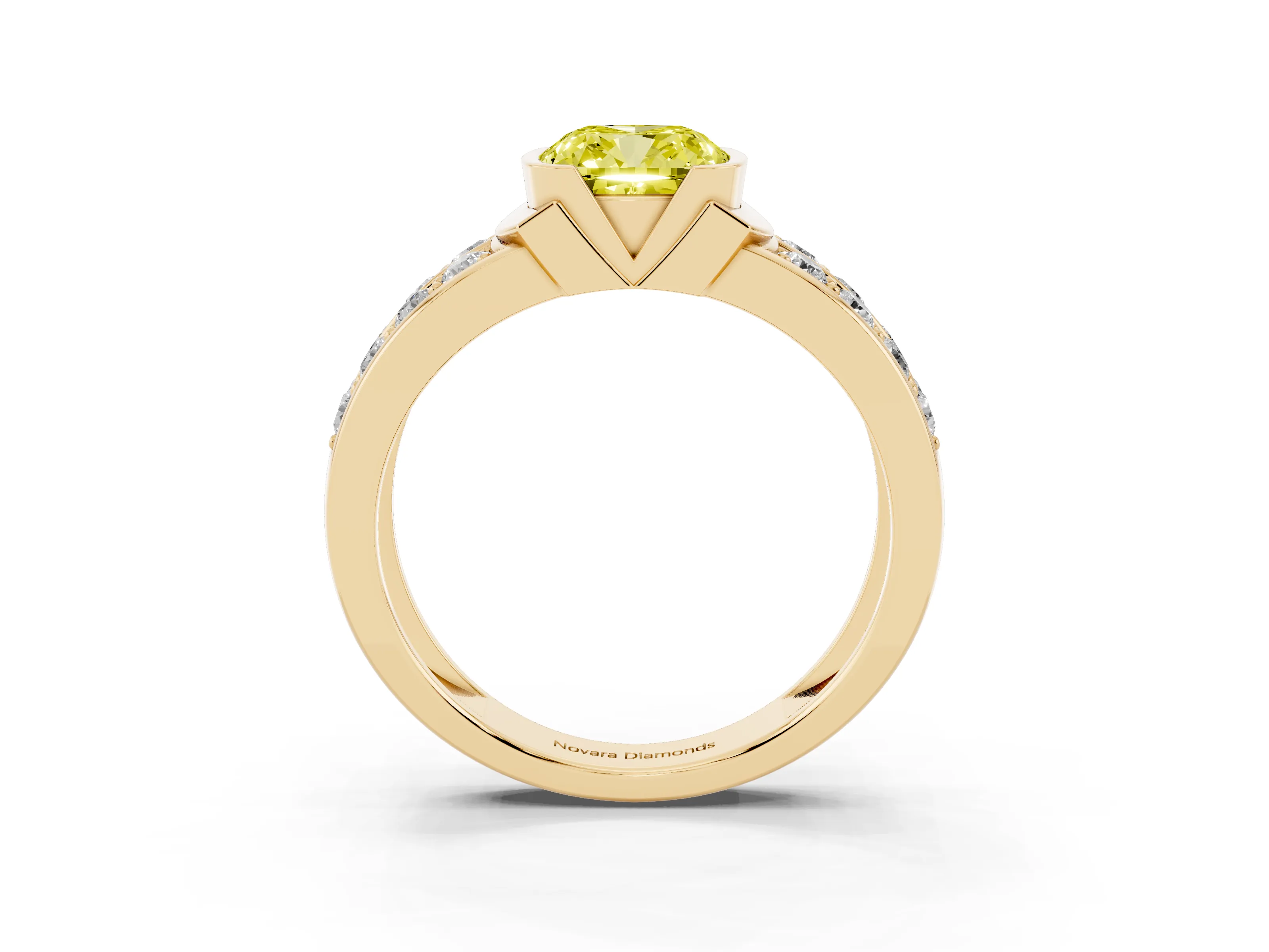 Fancy Yellow Cushion Cut Diamond Wide Channel Set Band Ring Set in Yellow gold with Bezel Setting