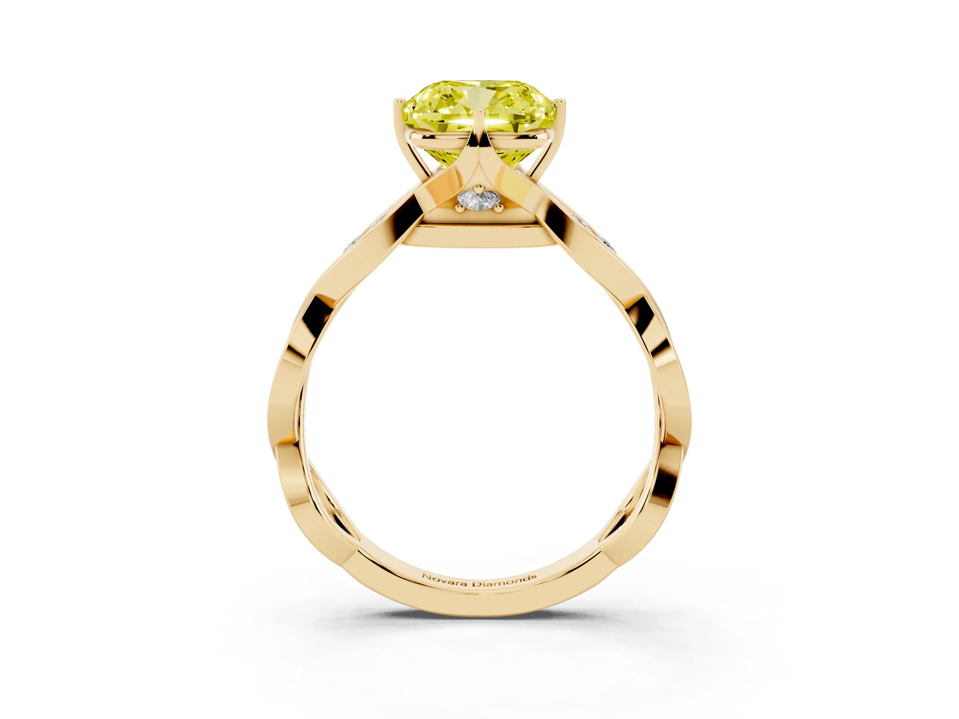 Fancy Yellow Cushion Cut Diamond Twist Band Solitaire Ring Set in Yellow gold with Leaf Prong Setting and Accent Stones