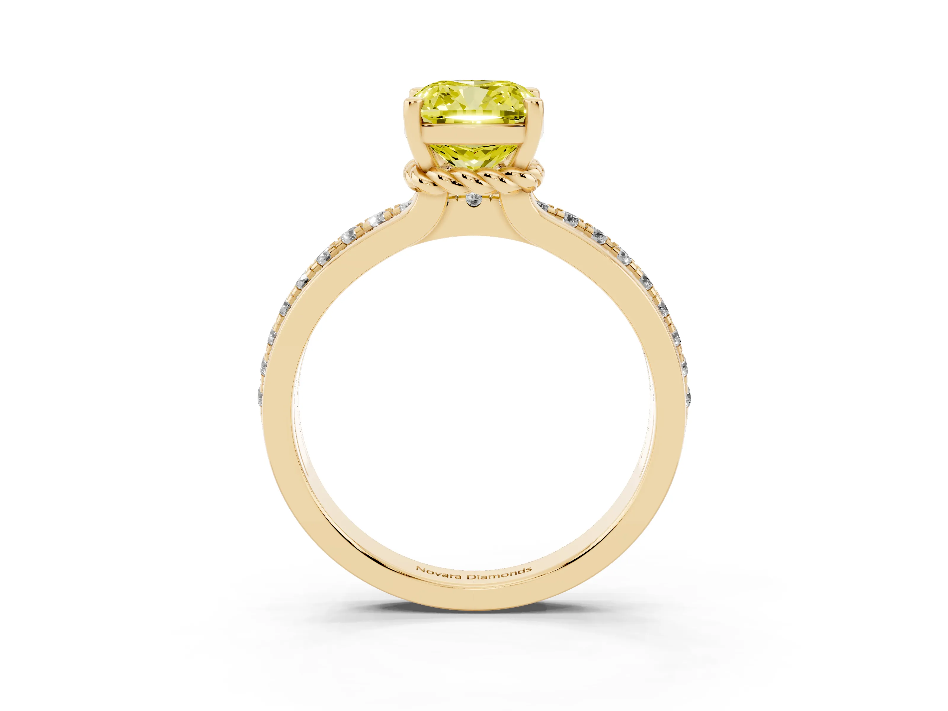 Fancy Yellow Cushion Cut Diamond Solitaire Ring Set in Yellow gold with Channel Set Band and Prong Setting