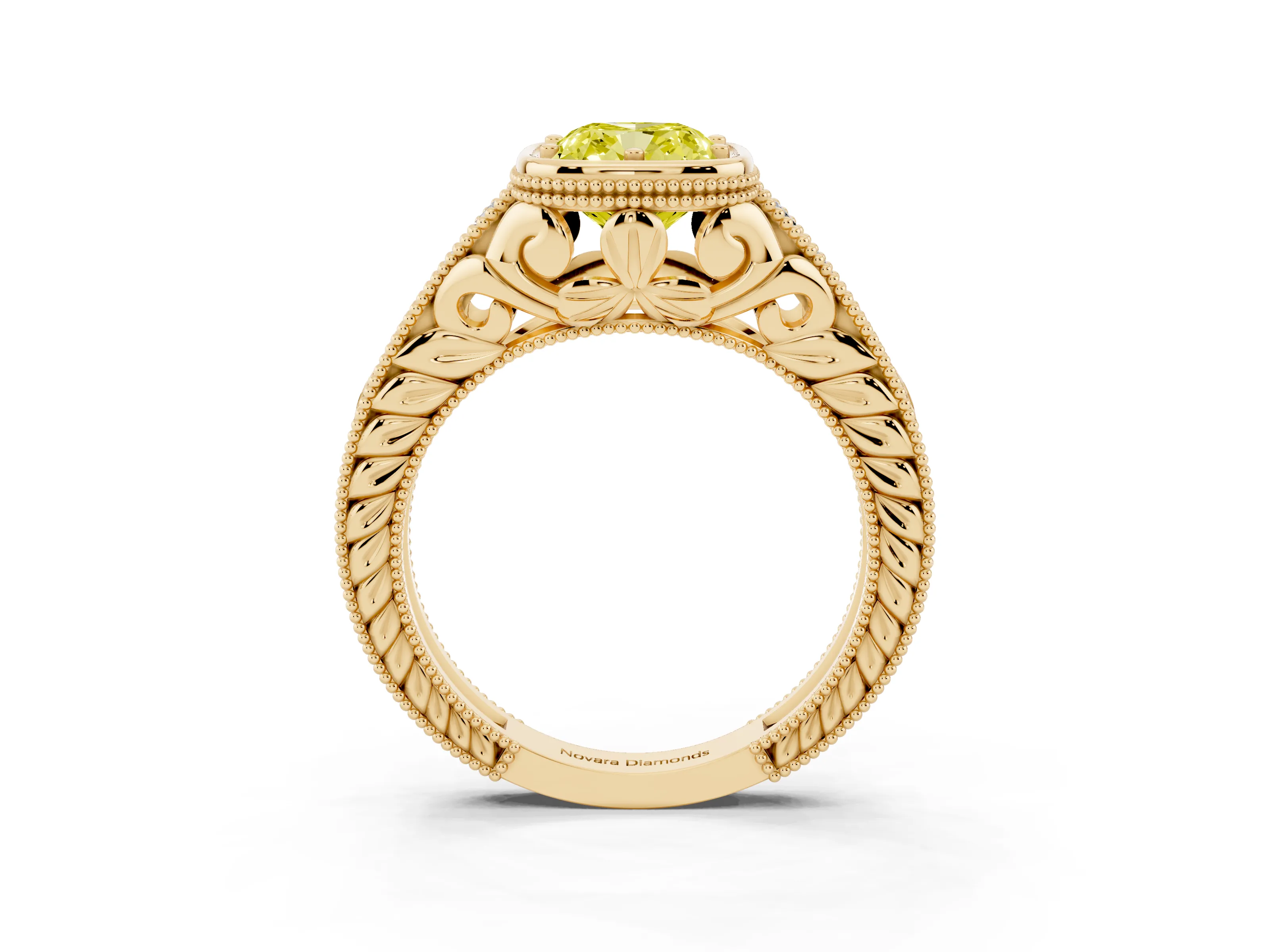 Fancy Yellow Bezel Set Cushion Cut Diamond Milgrain Pavé Engagement Ring Set in Yellow gold