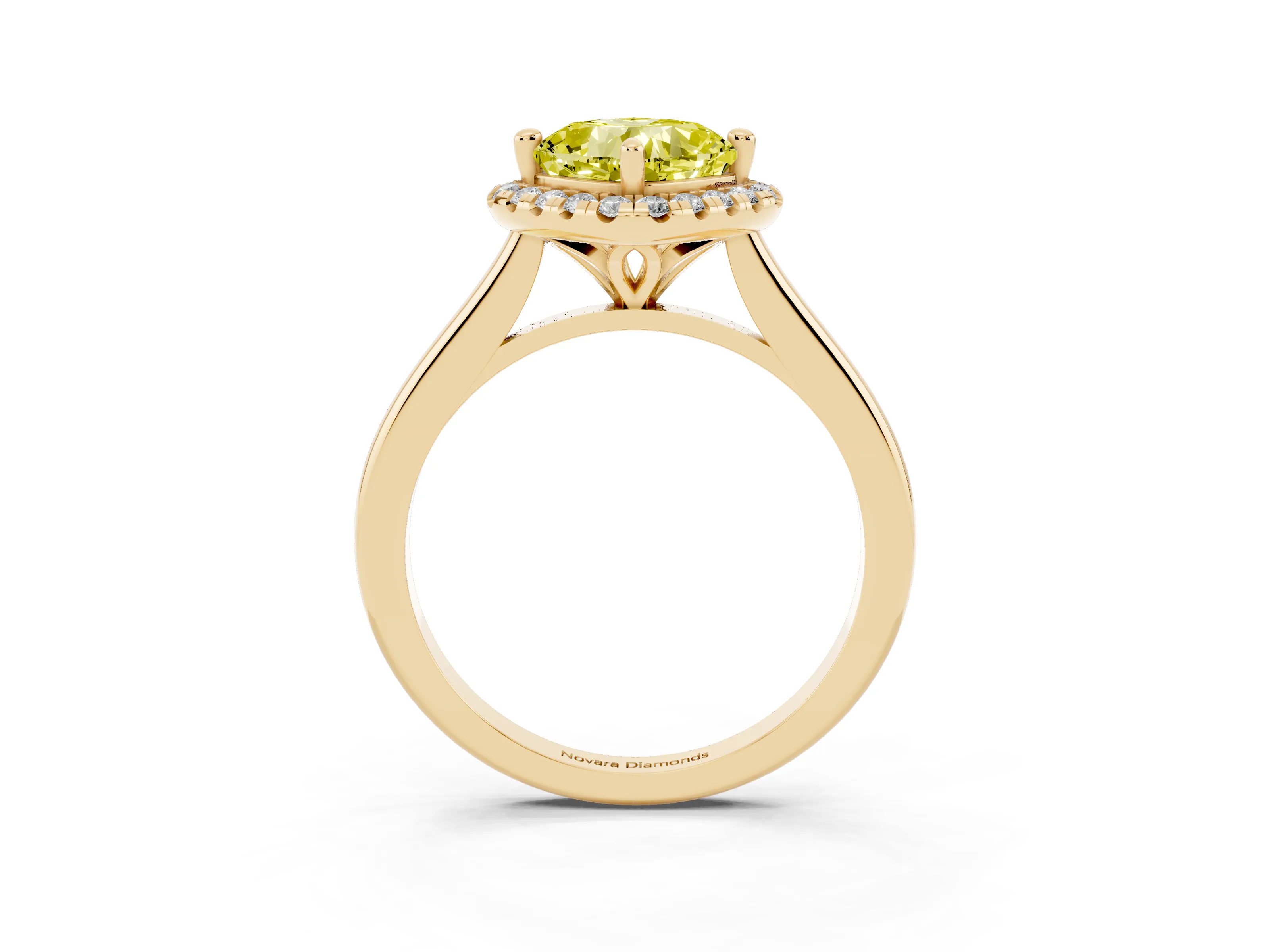 Fancy Yellow Cushion Cut Diamond Halo Engagement Ring Set in Yellow gold with Pavé Band and Rising Shoulders