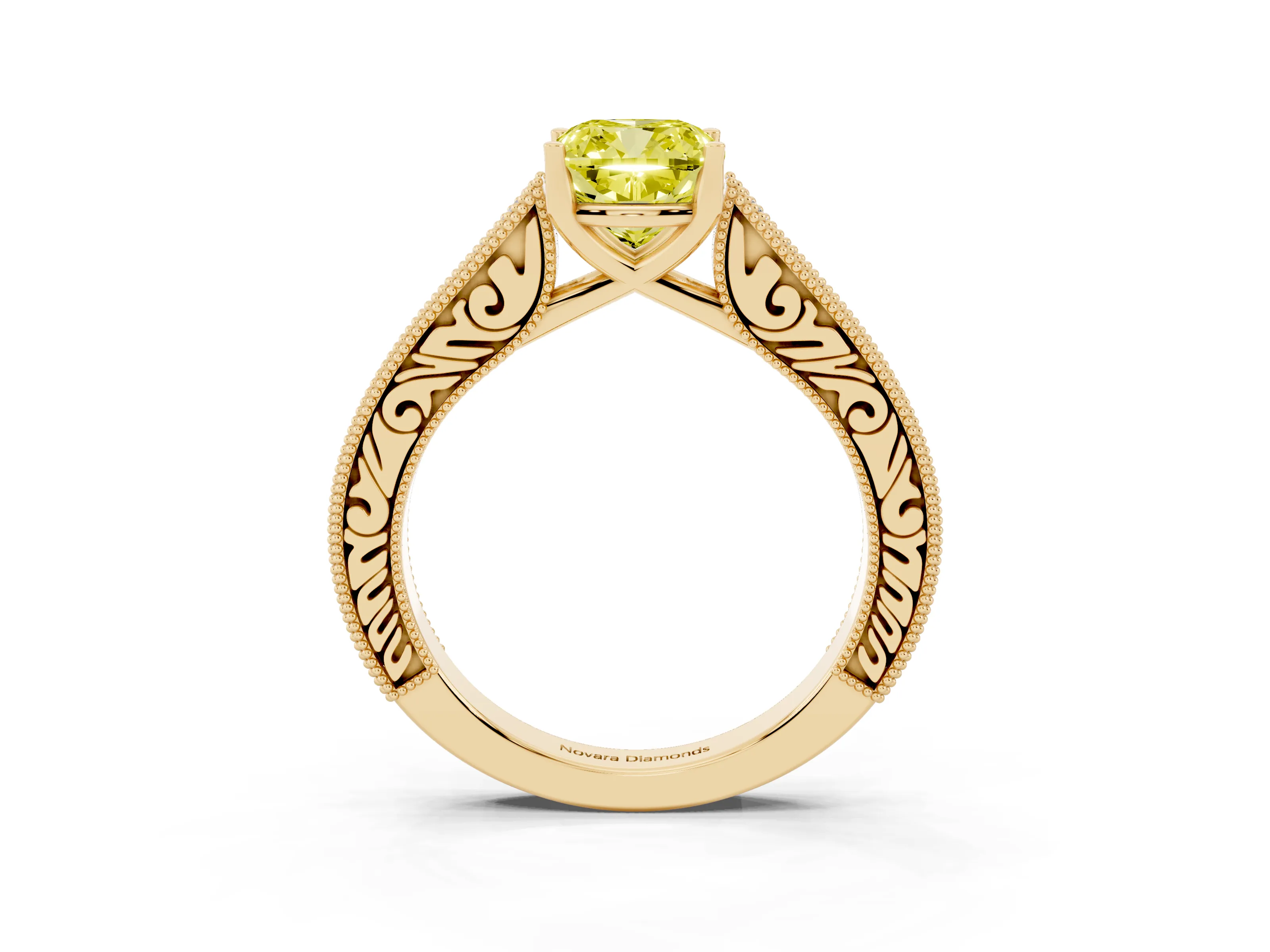 Fancy Yellow Cushion Cut Diamond Milgrain Pavé Band Solitaire Ring Set in Yellow gold with Prong Setting