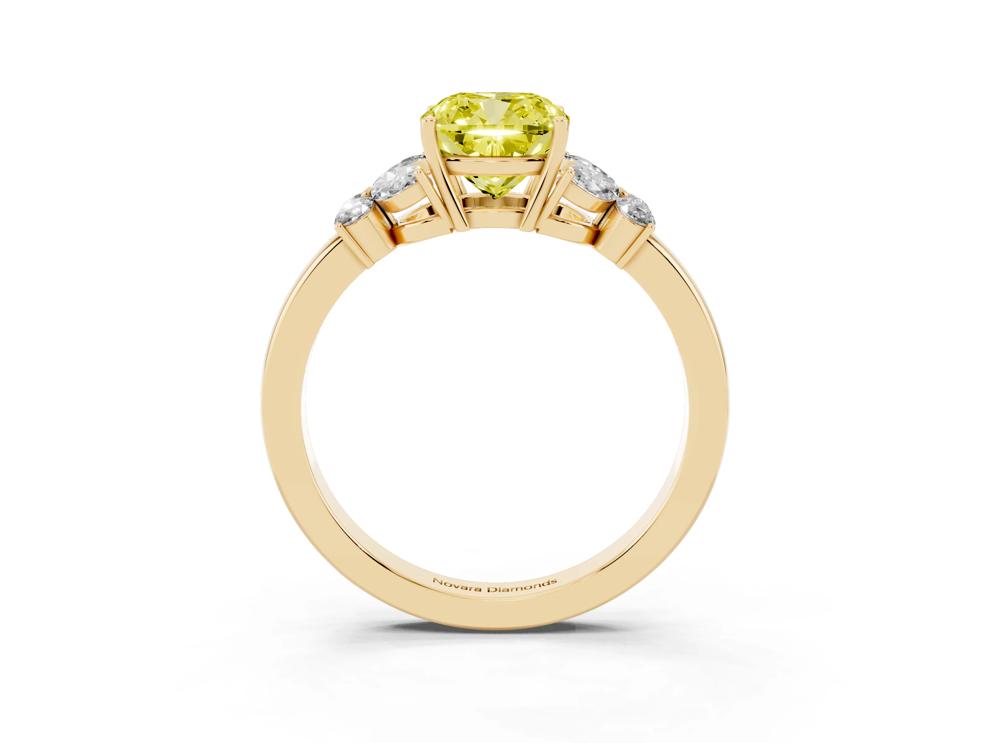 Fancy Yellow Cushion Cut Diamond Solitaire Floral Ring Set in Yellow gold with Marquise Petals and Prong Setting