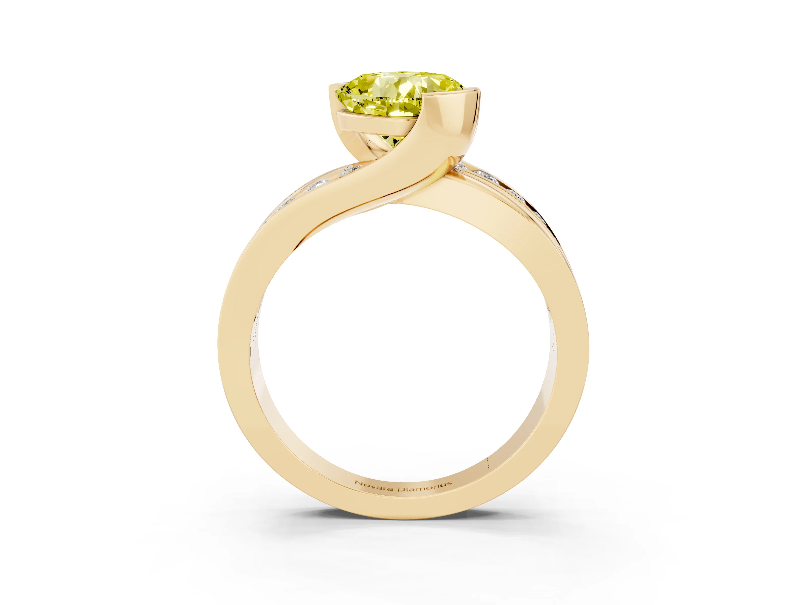 Fancy Yellow Cushion Cut Diamond Solitaire Ring Set in Yellow gold with Channel Set Split Shank and Tension Prongs