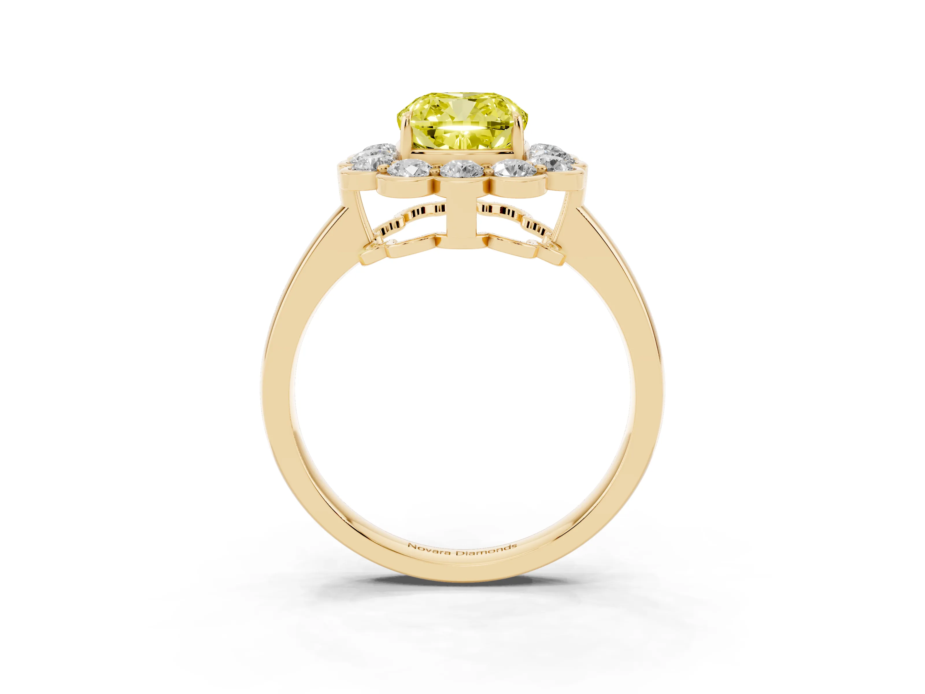 Fancy Yellow Cushion Cut Diamond Halo Cluster Engagement Ring Set in Yellow gold with Solitaire Band and Prong Setting