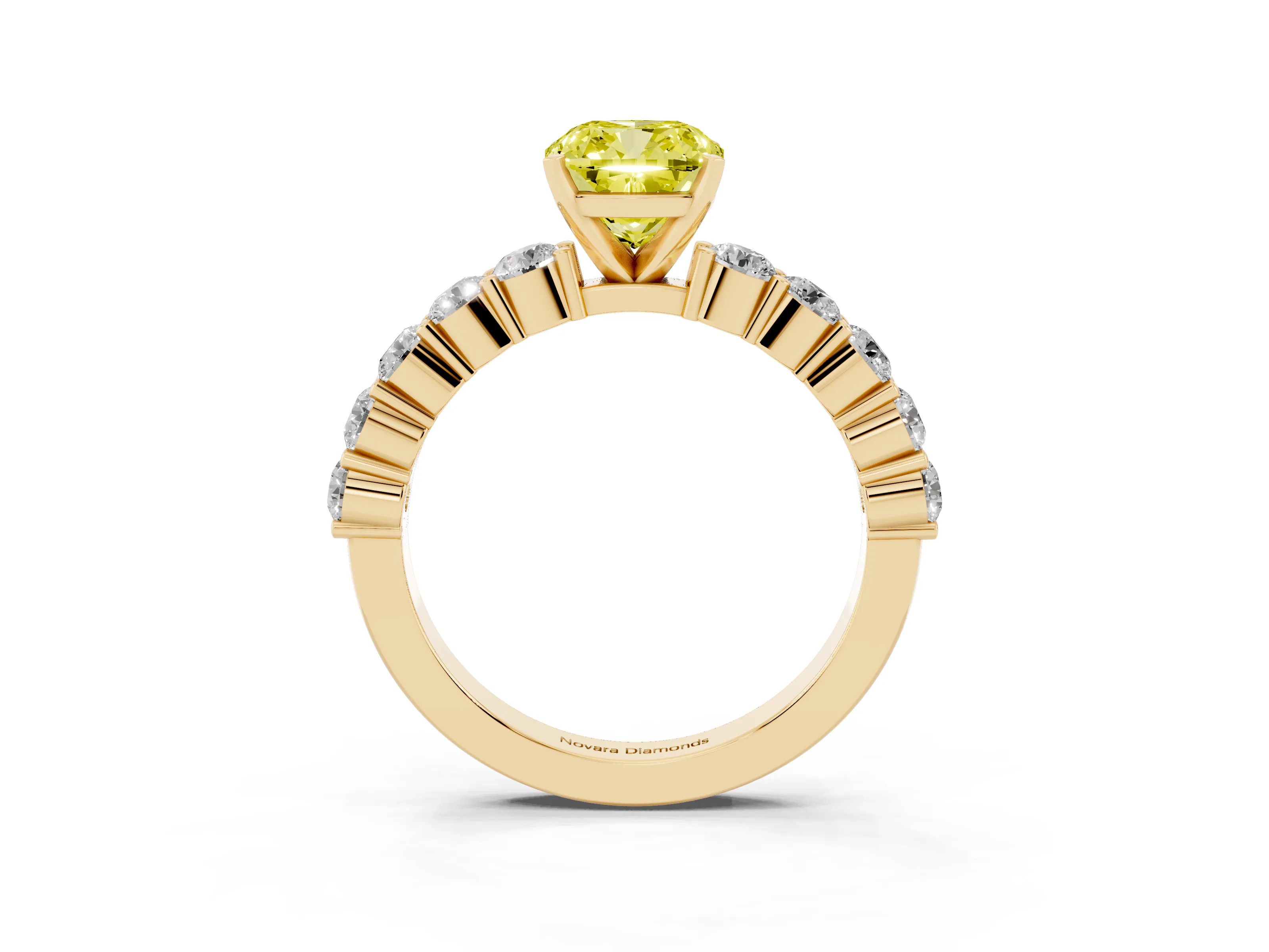 Fancy Yellow Cushion Cut Diamond Solitaire Ring Set in Yellow gold with Shared Prong Round Side Stones