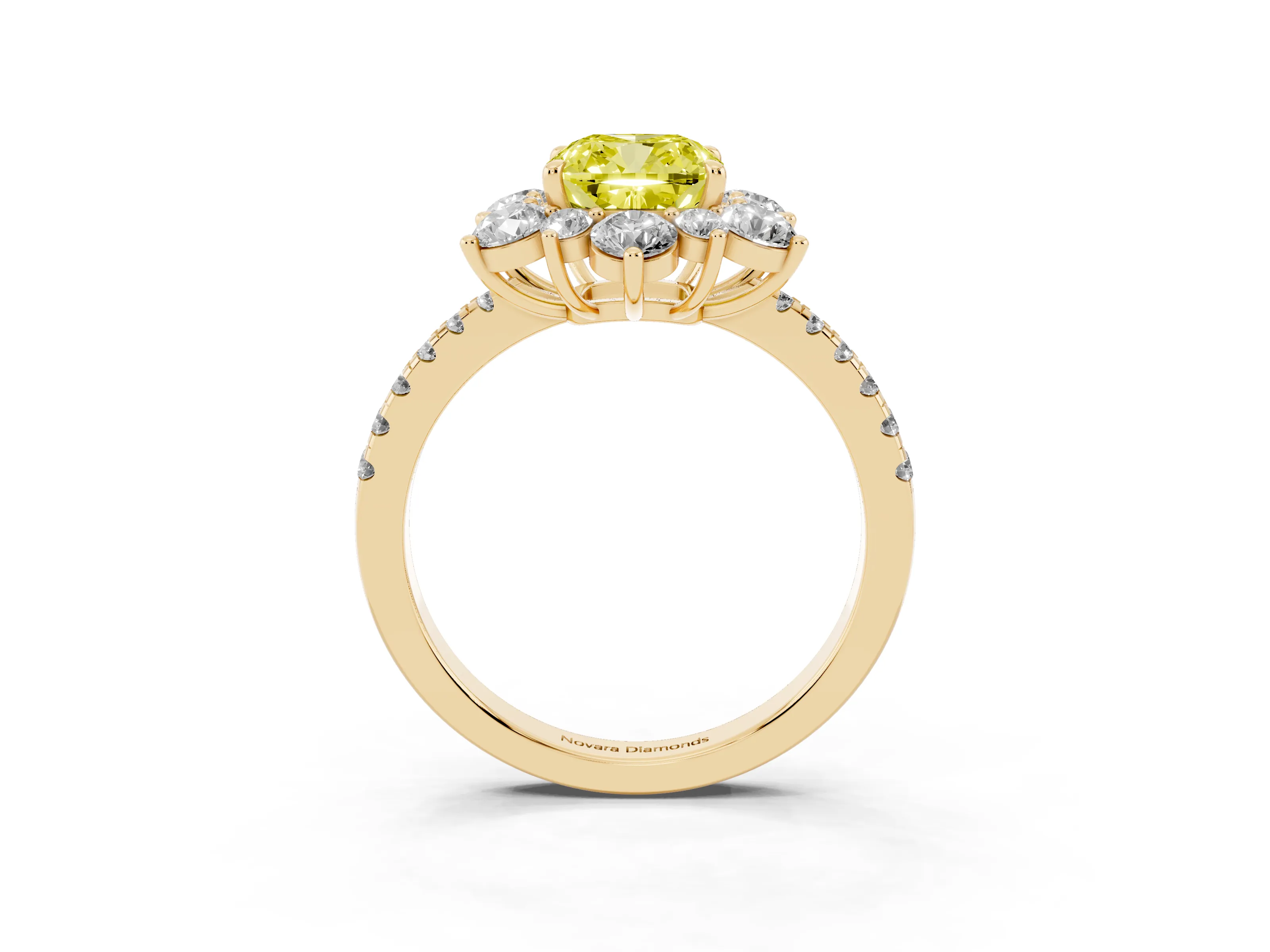 Fancy Yellow Cushion Cut Diamond Floral Halo Ring Set in Yellow gold with Round Pavé Band and Prong Setting