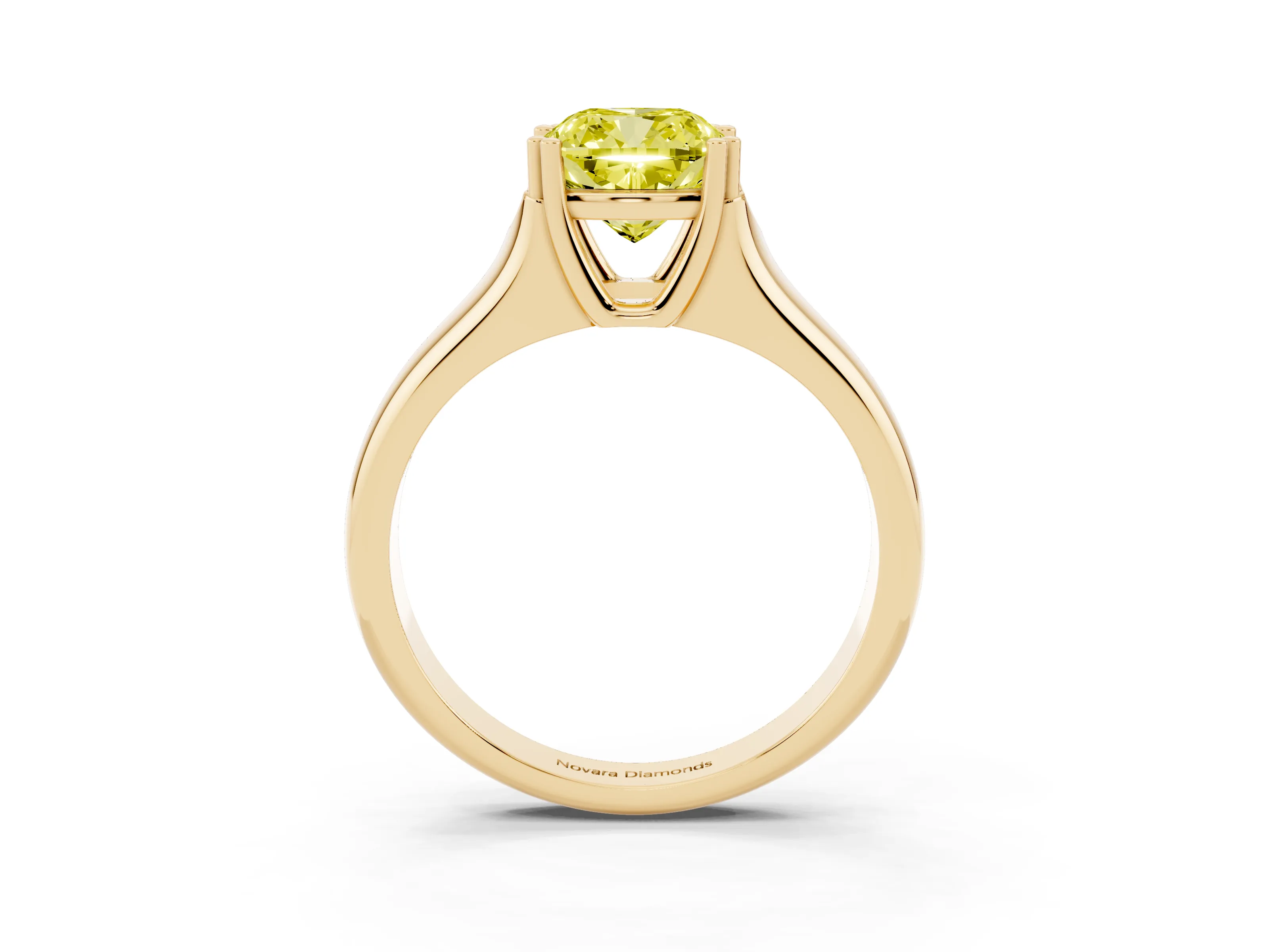 Fancy Yellow Cushion Cut Diamond Solitaire Ring Set in Yellow gold with Wide Band and Prong Setting