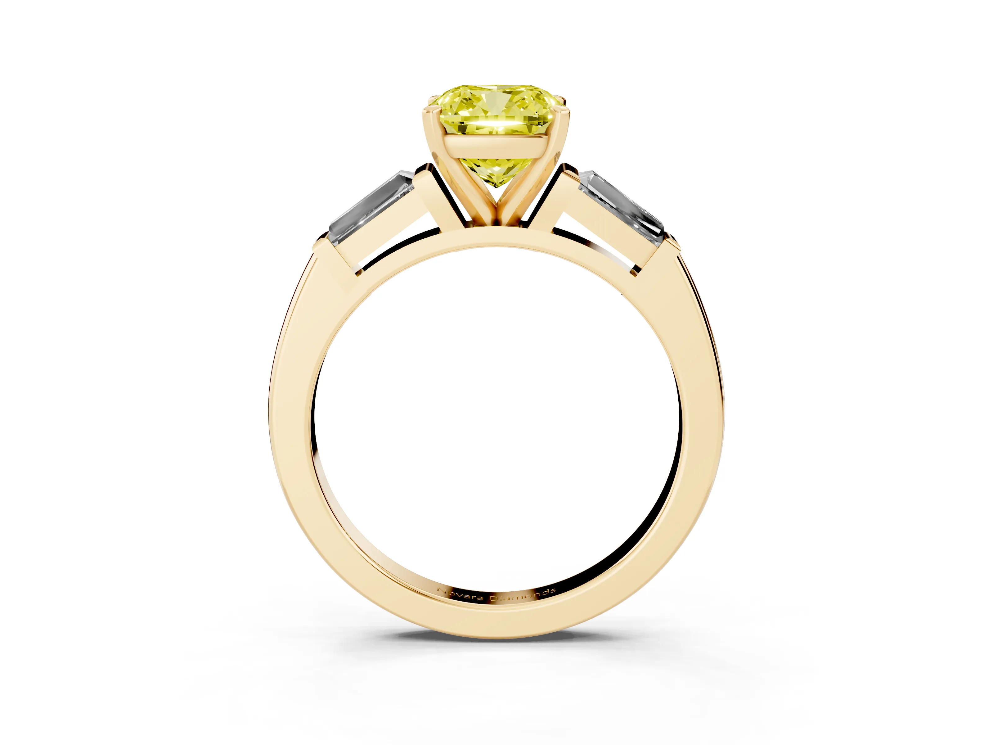 Fancy Yellow Cushion Cut Diamond Solitaire Ring Set in Yellow gold with Tapered Baguette Side Stones and Prong Setting