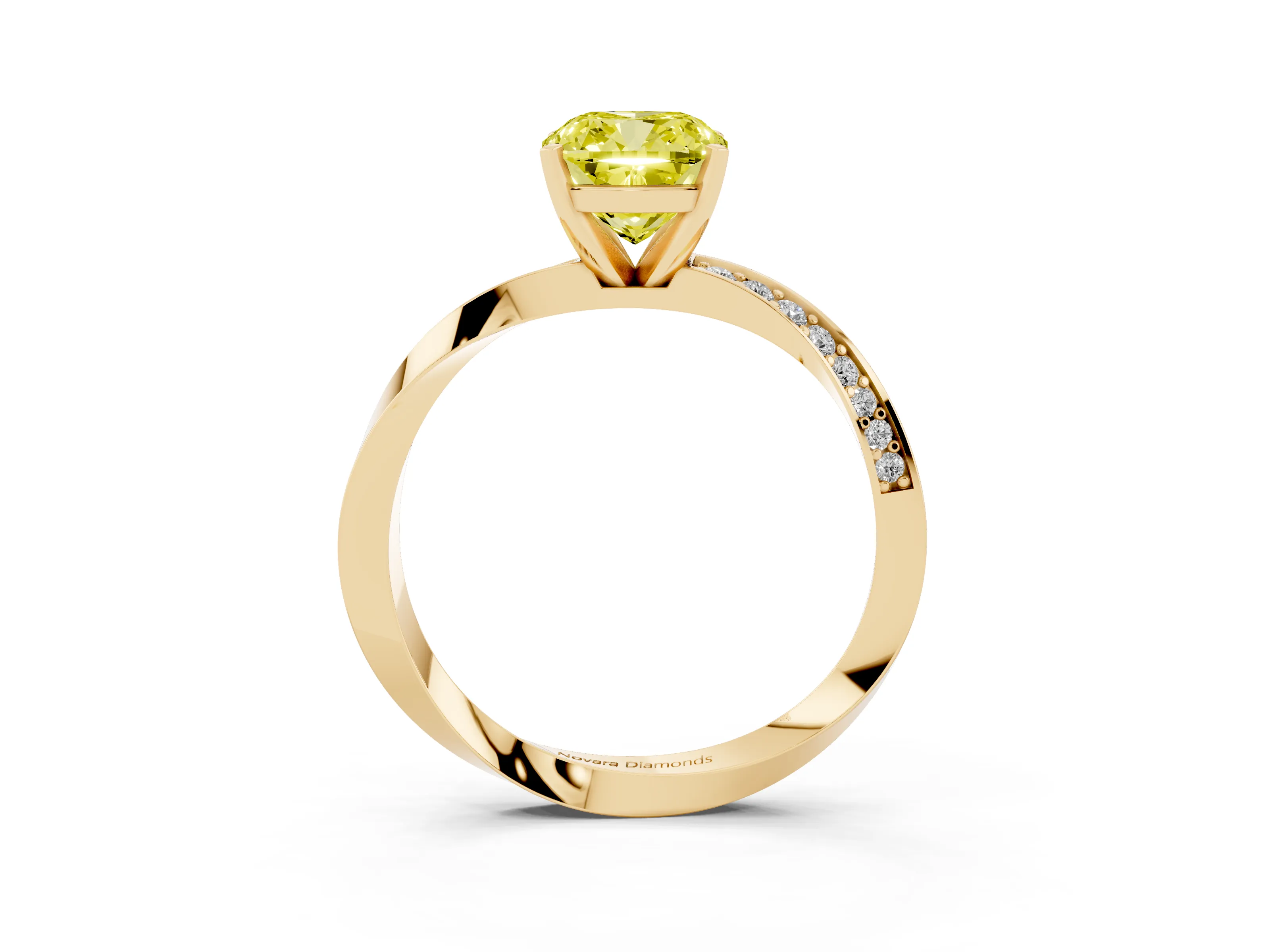 Fancy Yellow Cushion Cut Diamond Engagement Ring Set in Yellow gold with Side Stone Accents and Prong Setting