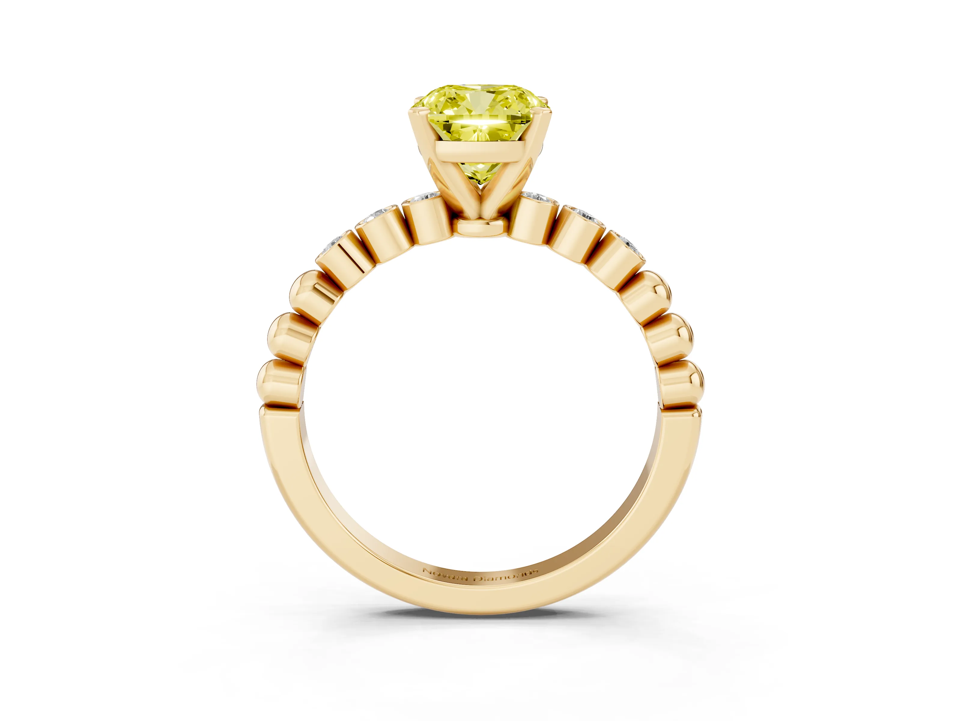 Fancy Yellow Cushion Cut Diamond Solitaire Engagement Ring Set in Yellow gold with Bezel Accents on Beaded Band