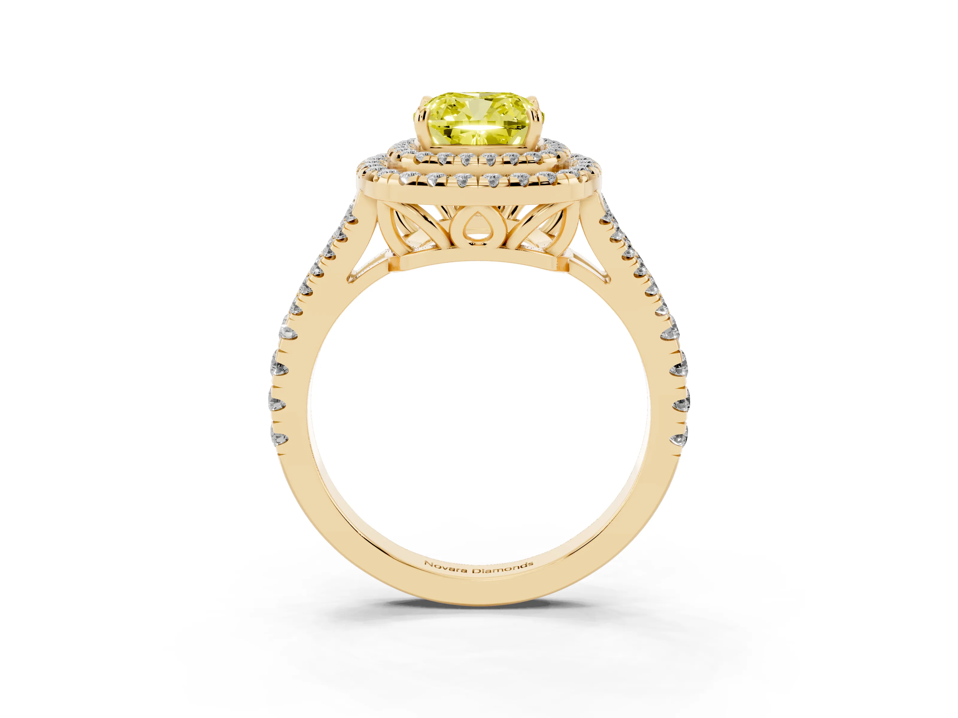 Fancy Yellow Cushion Cut Diamond Double Halo Ring Set in Yellow gold with Pavé Band