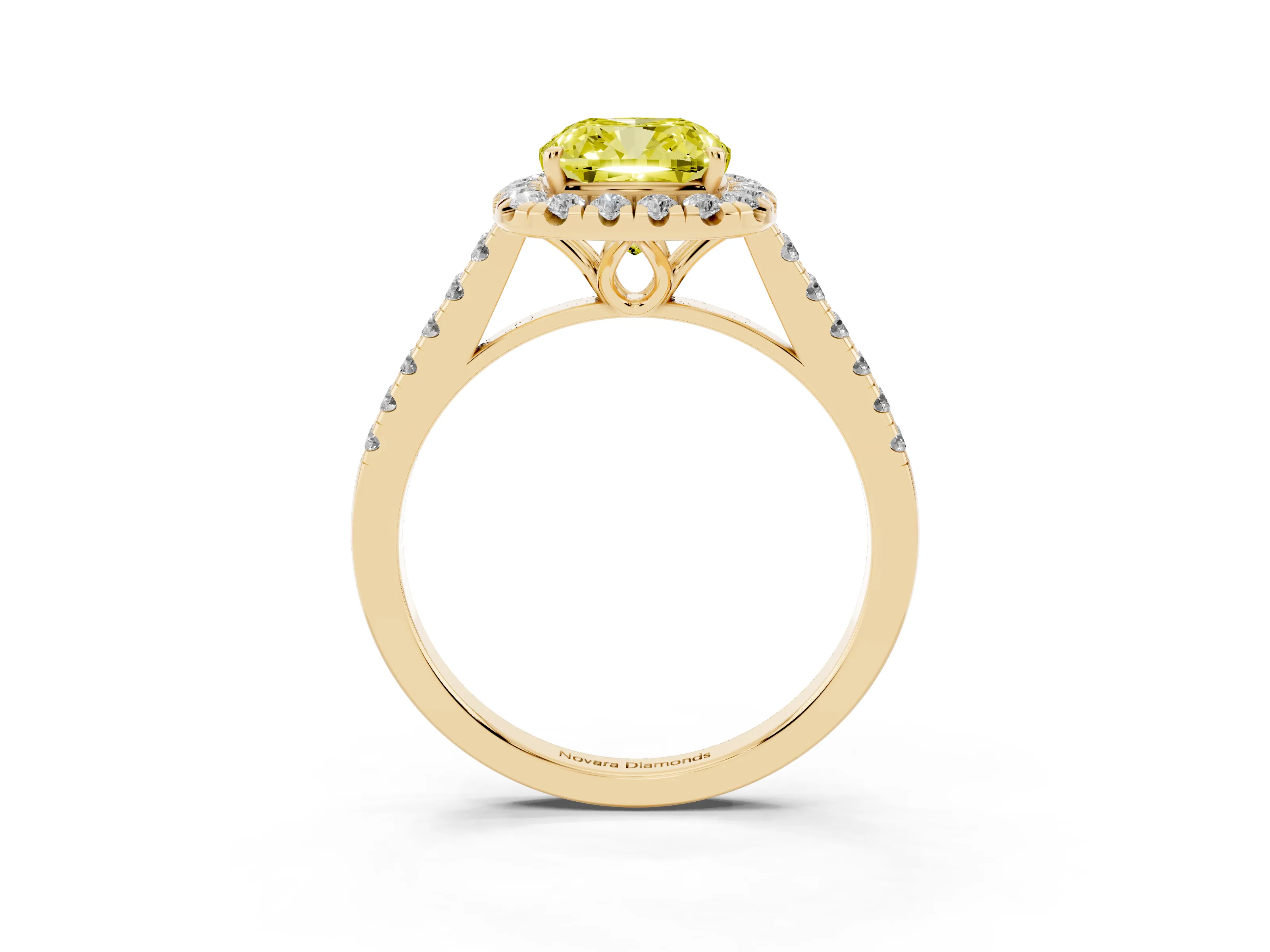 Fancy Yellow Cushion Cut Diamond Pavé Halo Engagement Ring Set in Yellow gold with Pavé Band and Prong Setting