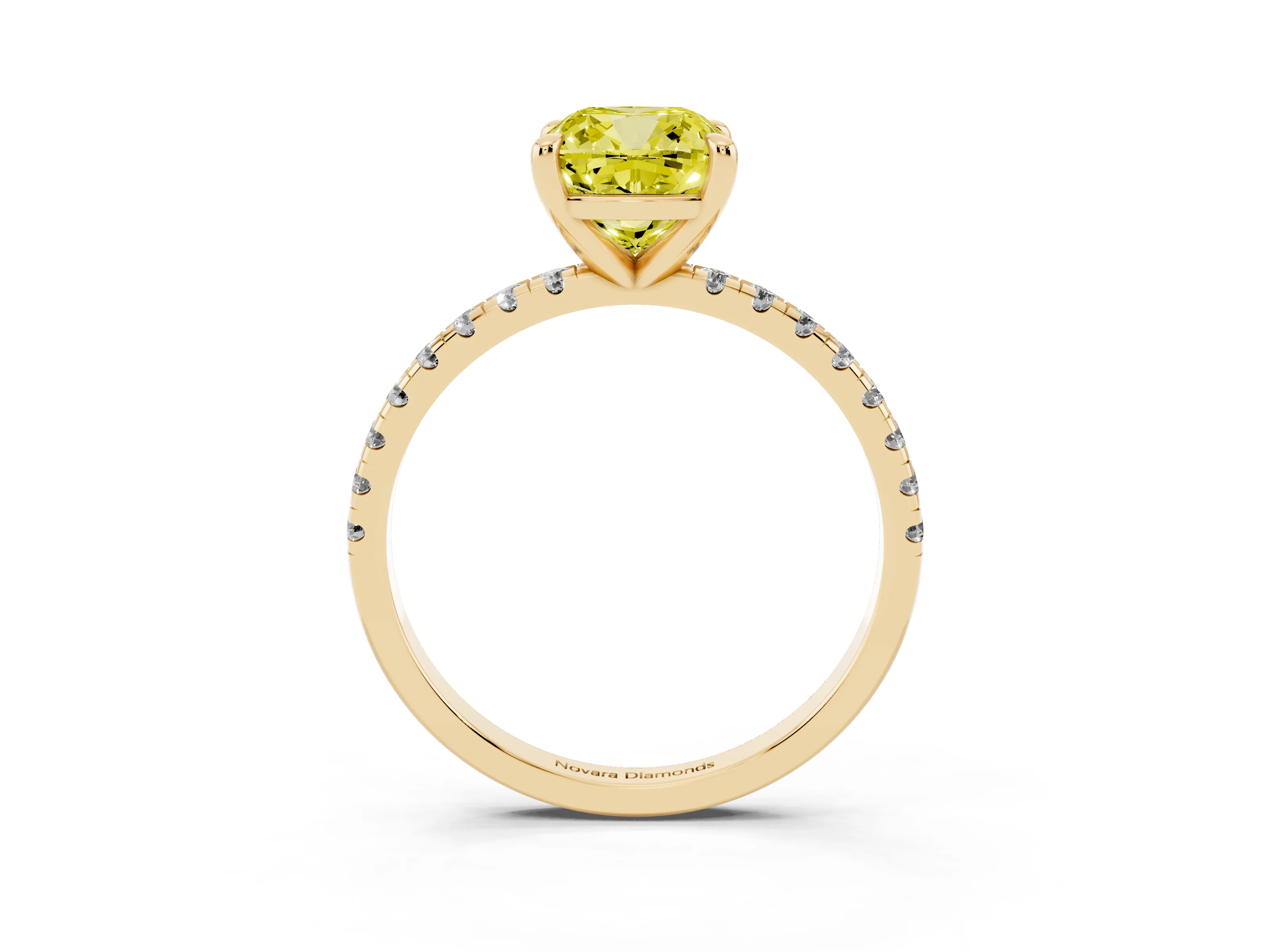 Fancy Yellow Cushion Cut Diamond Brilliant Solitaire Ring Set in Yellow gold with Pavé Band and Prong Setting